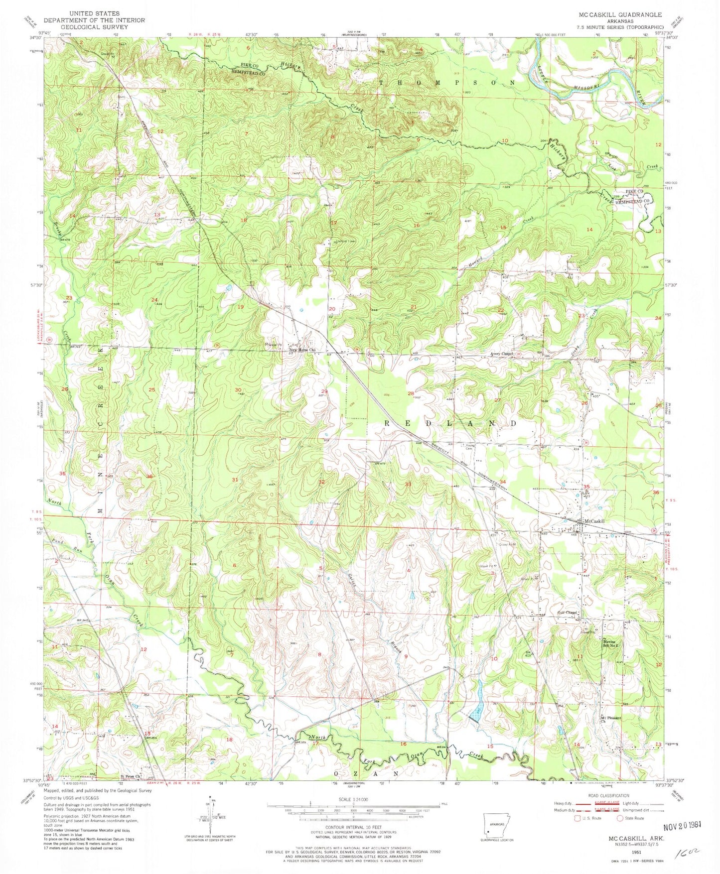 Classic USGS McCaskill Arkansas 7.5'x7.5' Topo Map Image