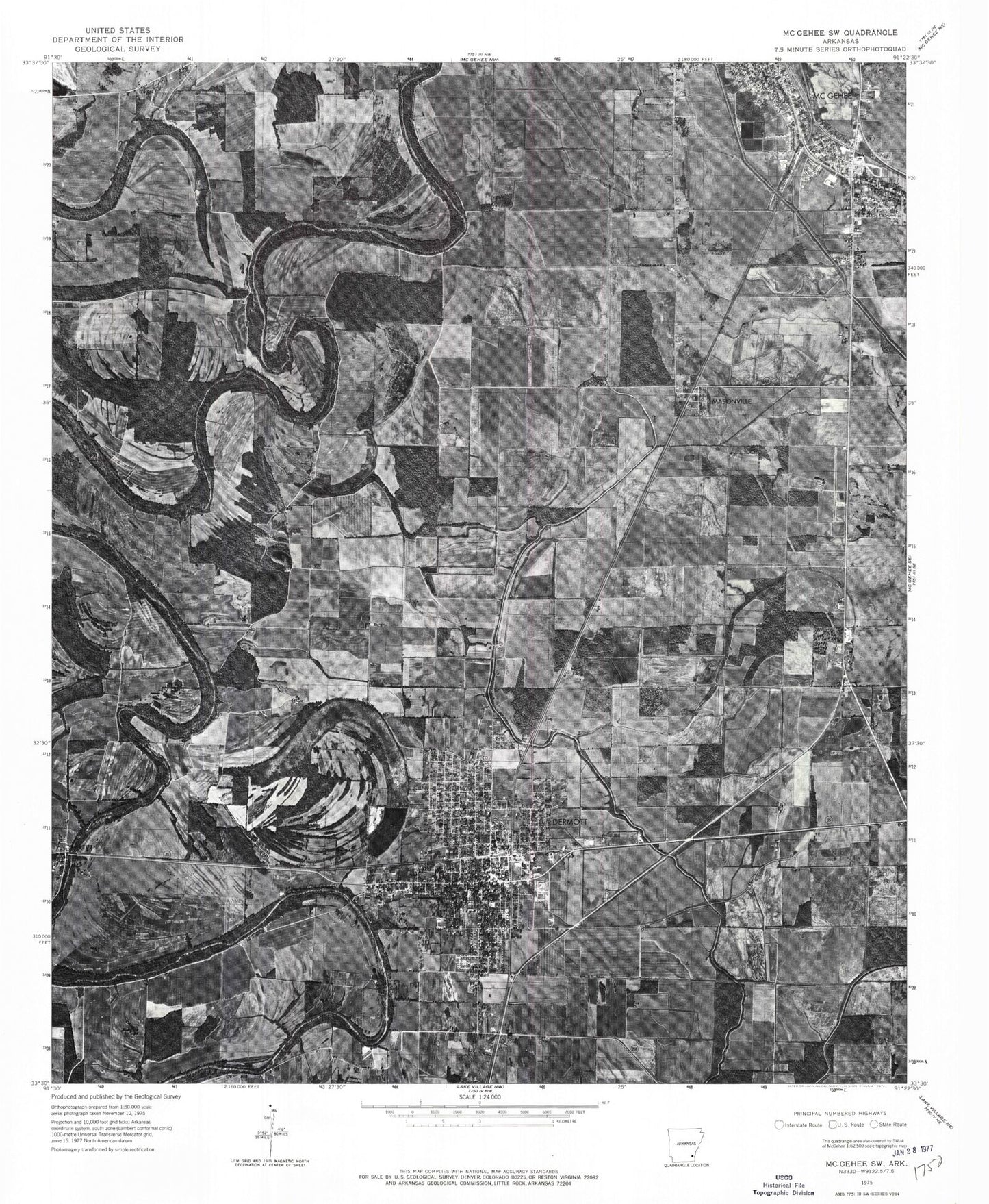 Classic USGS McGehee South Arkansas 7.5'x7.5' Topo Map Image