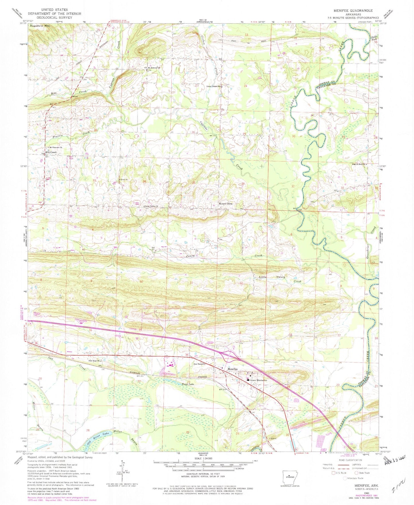 Classic USGS Menifee Arkansas 7.5'x7.5' Topo Map Image