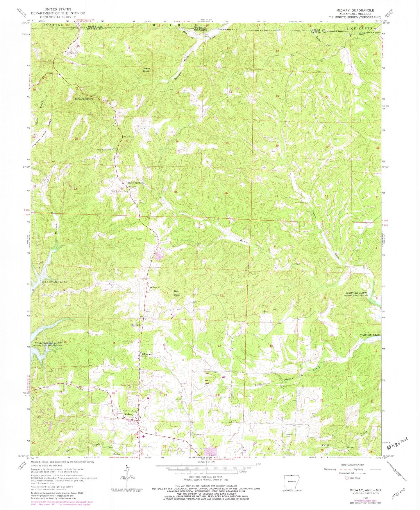 Classic USGS Midway Arkansas 7.5'x7.5' Topo Map Image