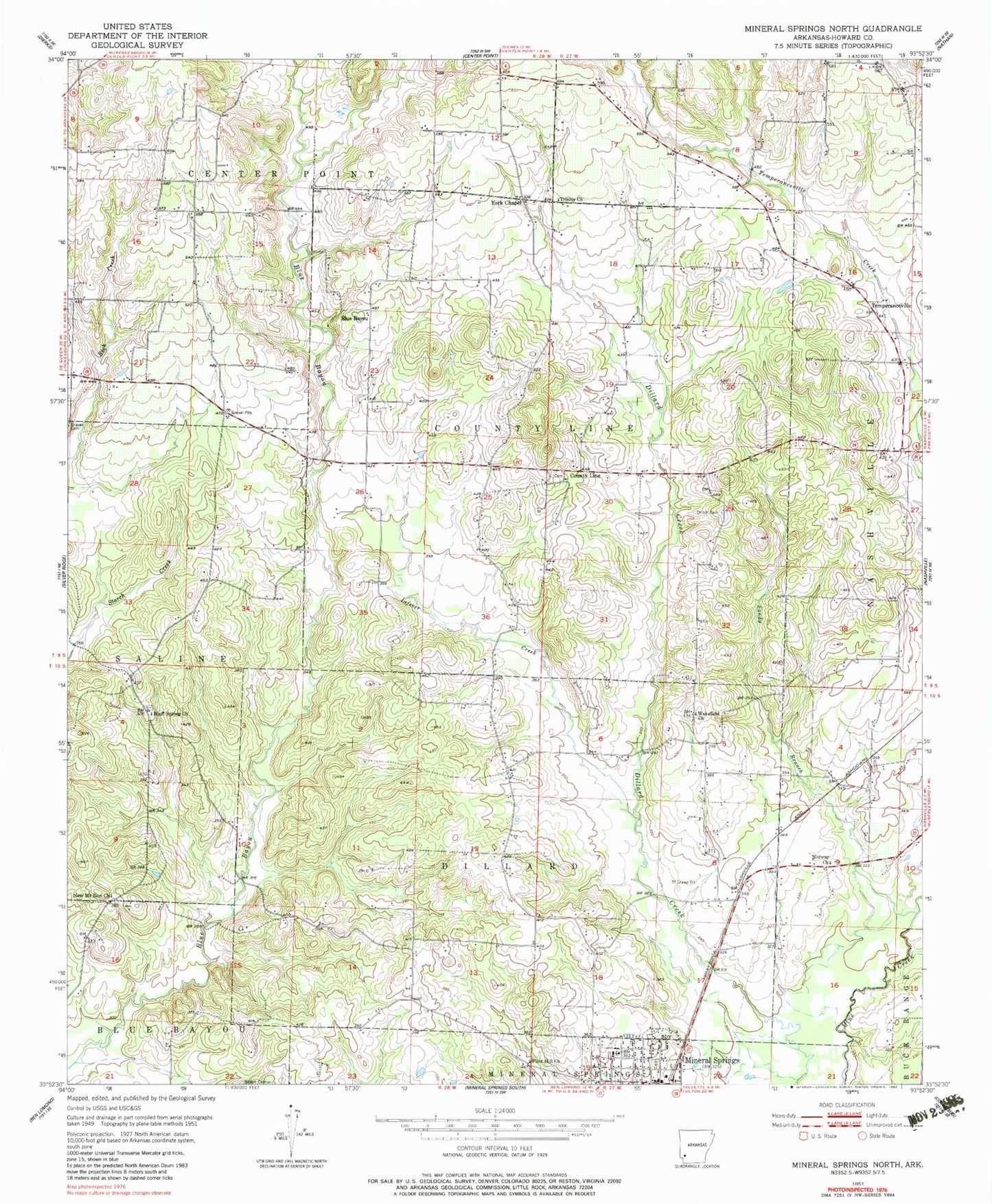 Classic USGS Mineral Springs North Arkansas 7.5'x7.5' Topo Map Image