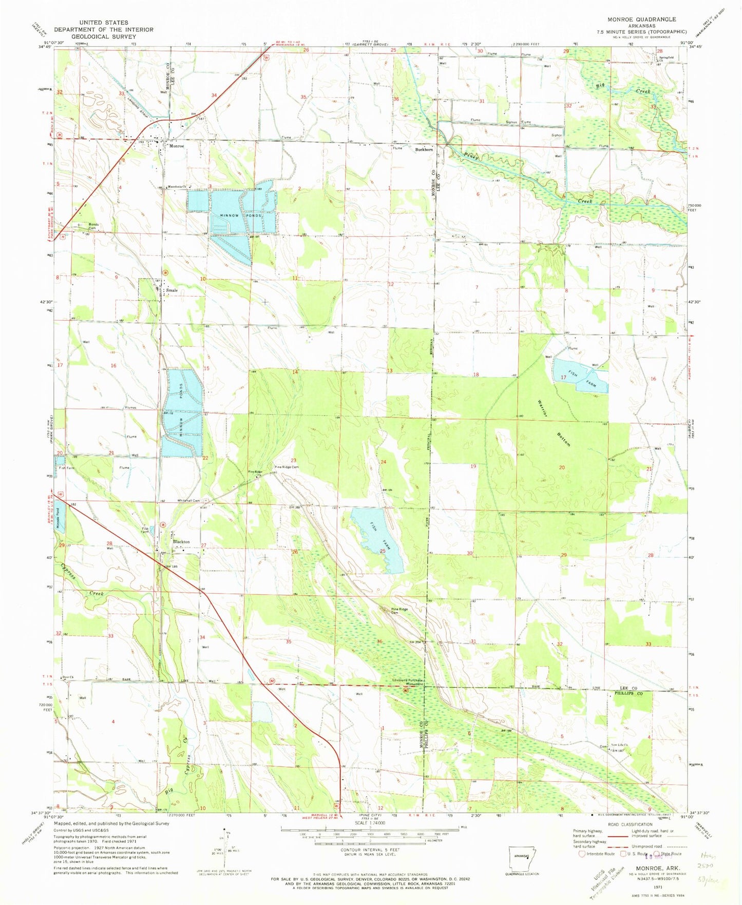 Classic USGS Monroe Arkansas 7.5'x7.5' Topo Map Image