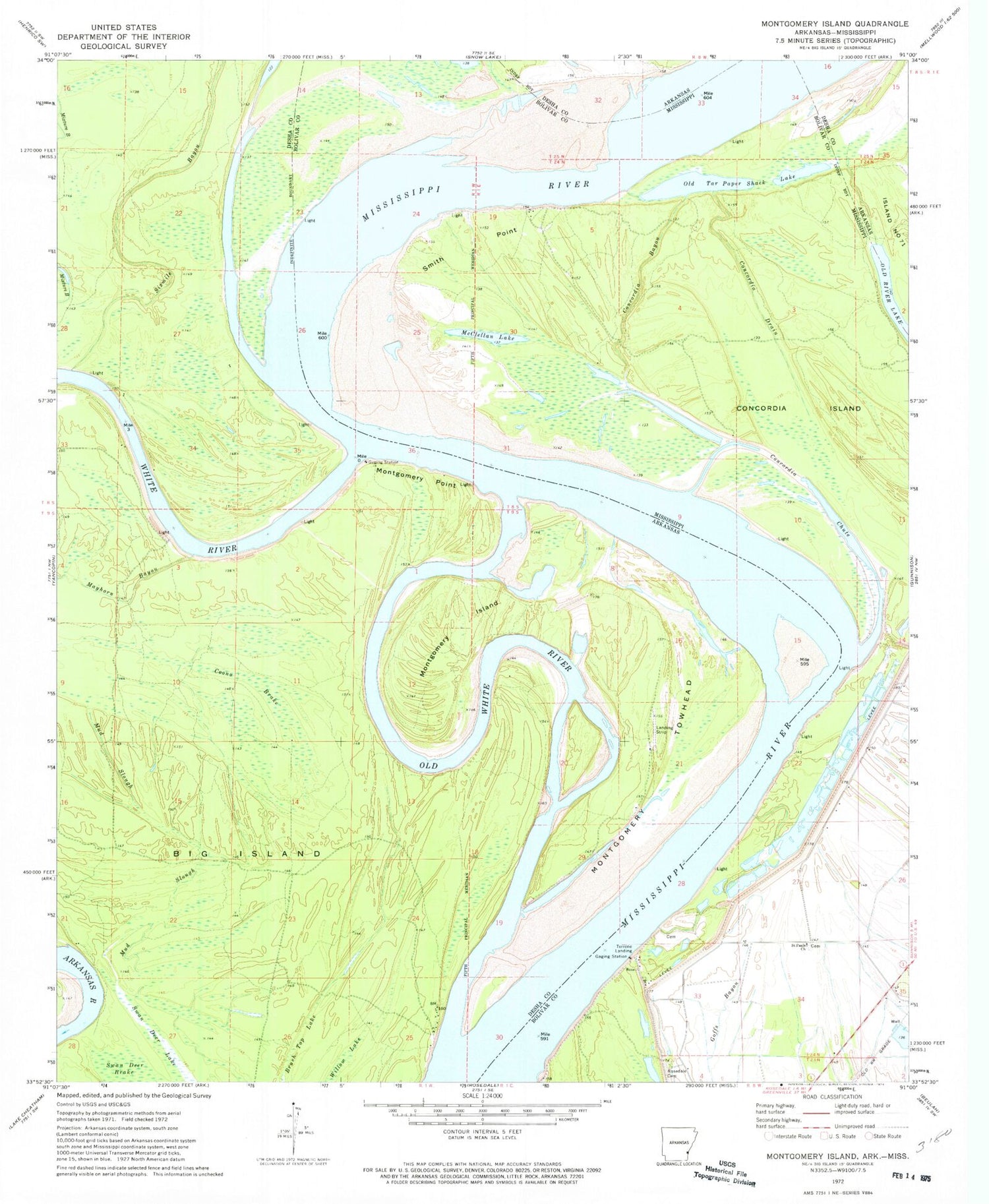 Classic USGS Montgomery Island Arkansas 7.5'x7.5' Topo Map Image