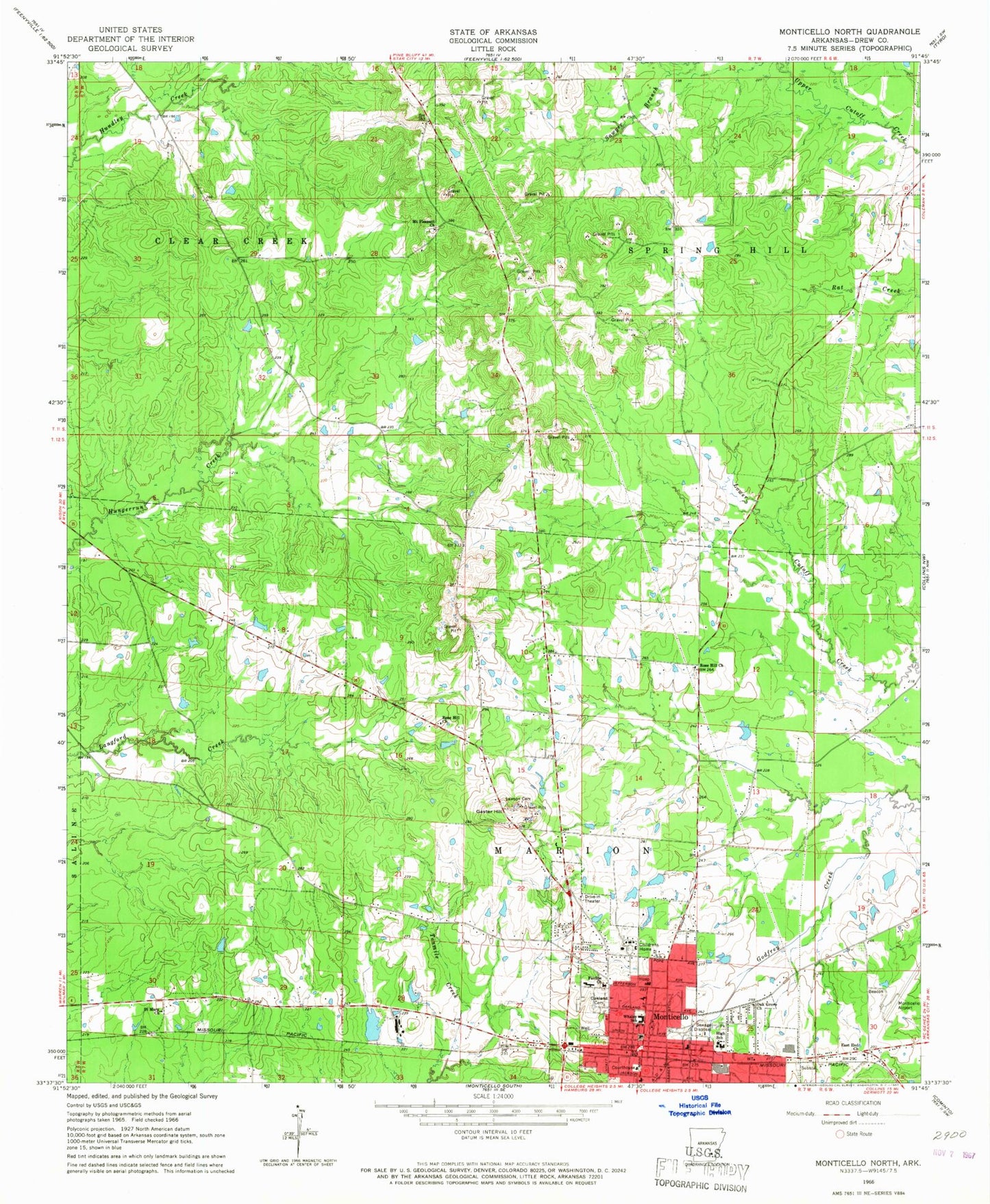 Classic USGS Monticello North Arkansas 7.5'x7.5' Topo Map Image