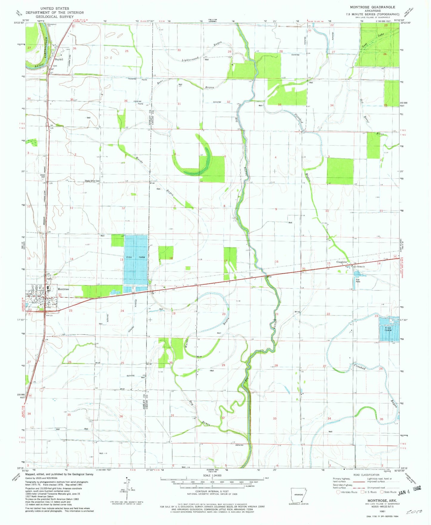 Classic USGS Montrose Arkansas 7.5'x7.5' Topo Map Image