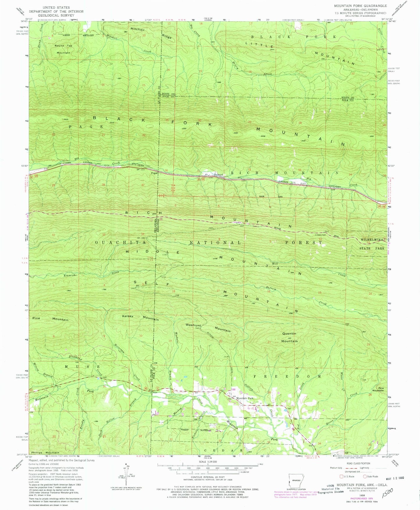 Classic USGS Mountain Fork Arkansas 7.5'x7.5' Topo Map Image