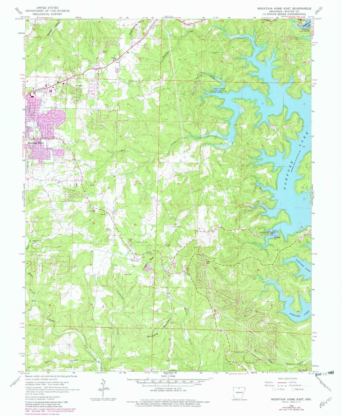 Classic USGS Mountain Home East Arkansas 7.5'x7.5' Topo Map Image