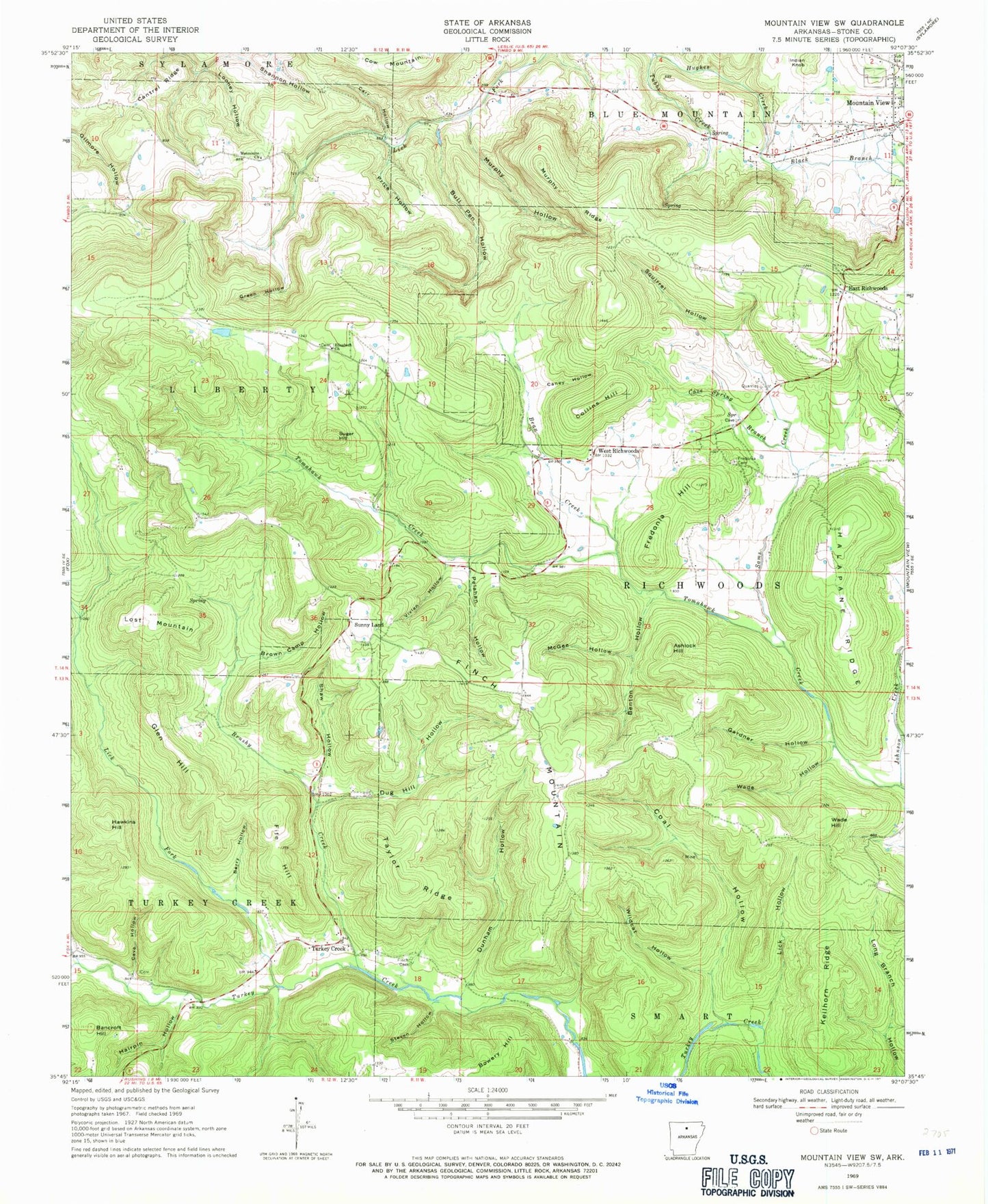 Classic USGS Mountain View SW Arkansas 7.5'x7.5' Topo Map Image