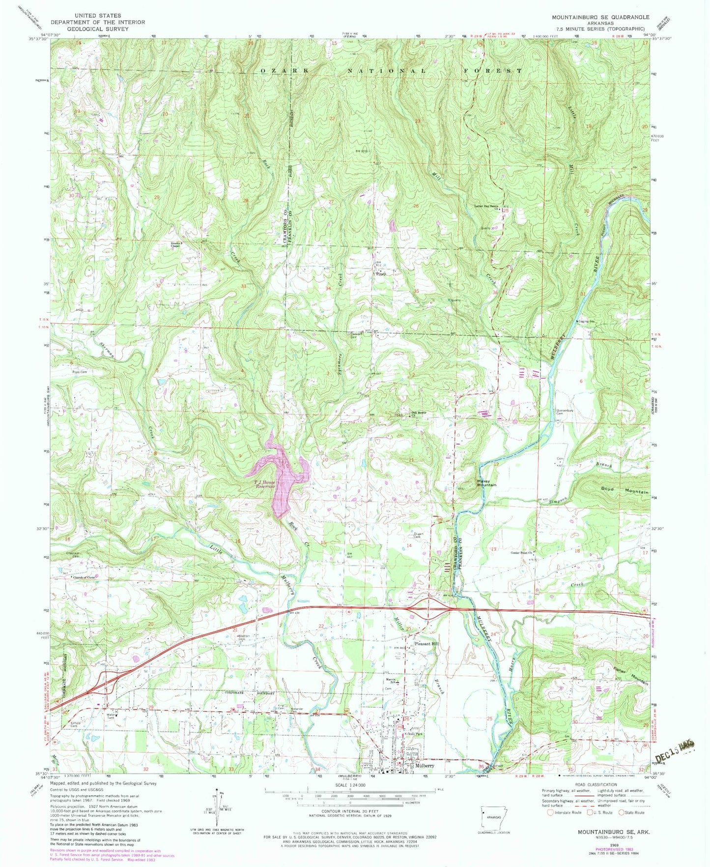 Classic USGS Mountainburg SE Arkansas 7.5'x7.5' Topo Map Image