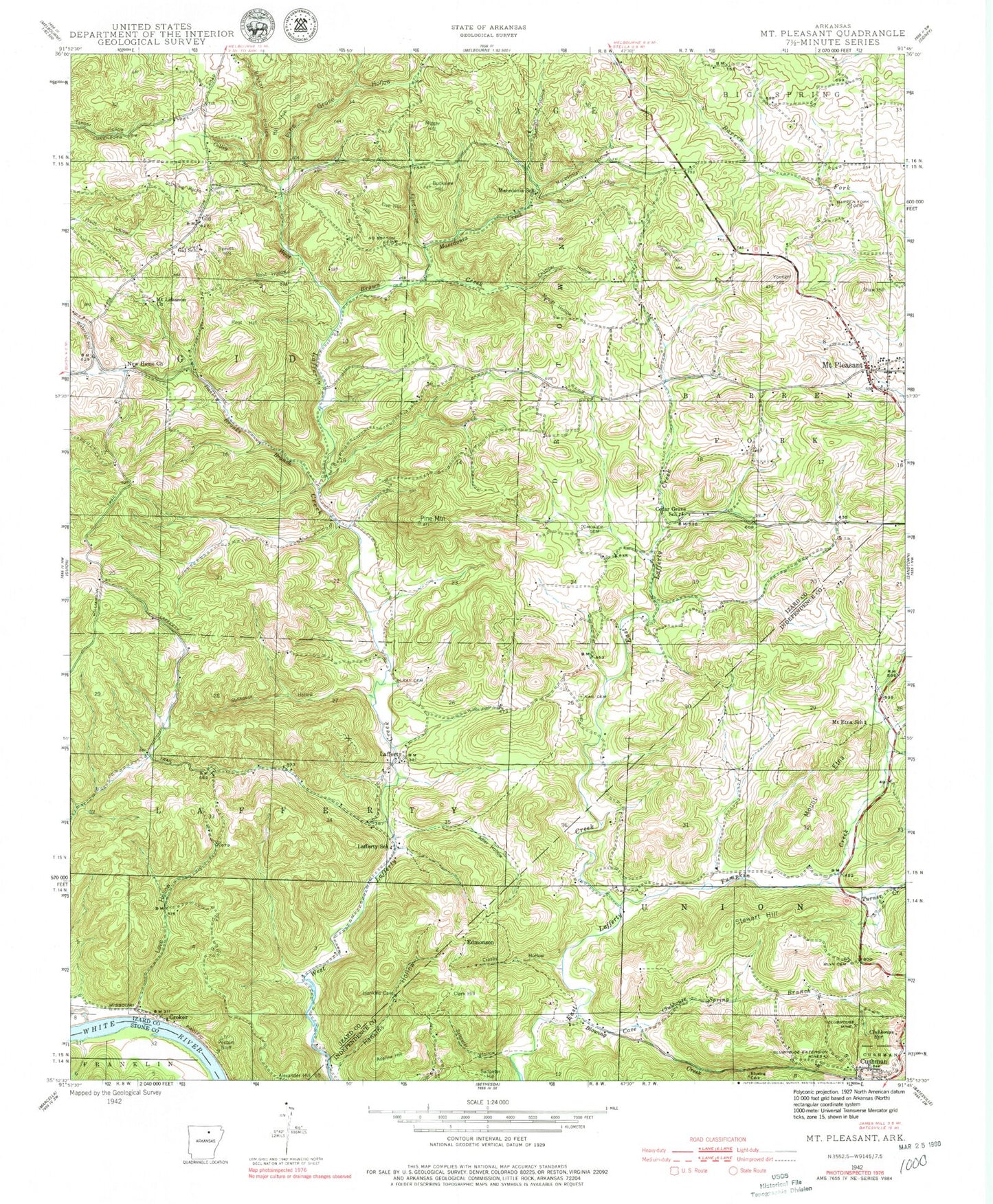 Classic USGS Mount Pleasant Arkansas 7.5'x7.5' Topo Map Image