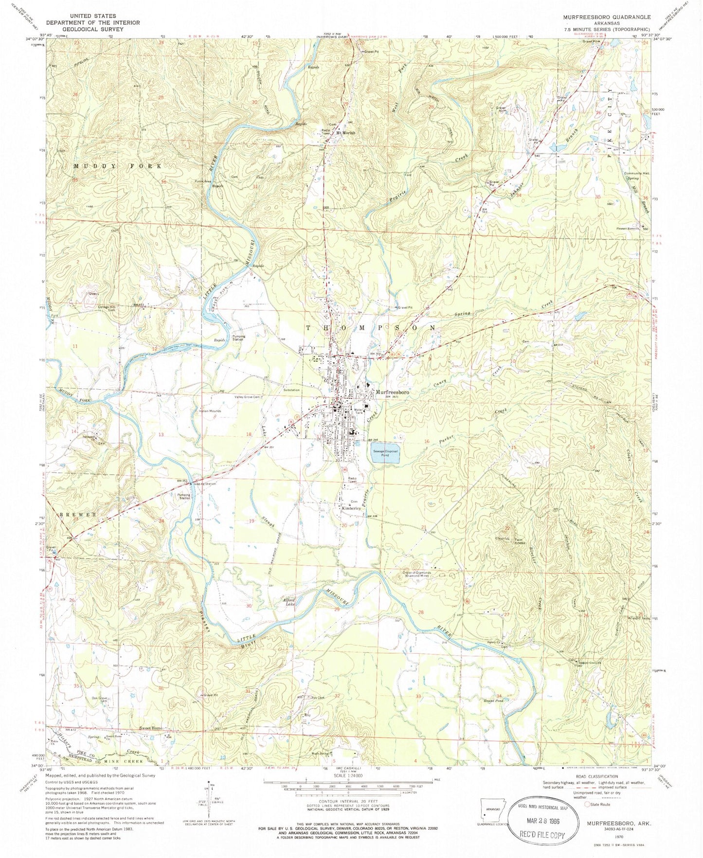 Classic USGS Murfreesboro Arkansas 7.5'x7.5' Topo Map Image
