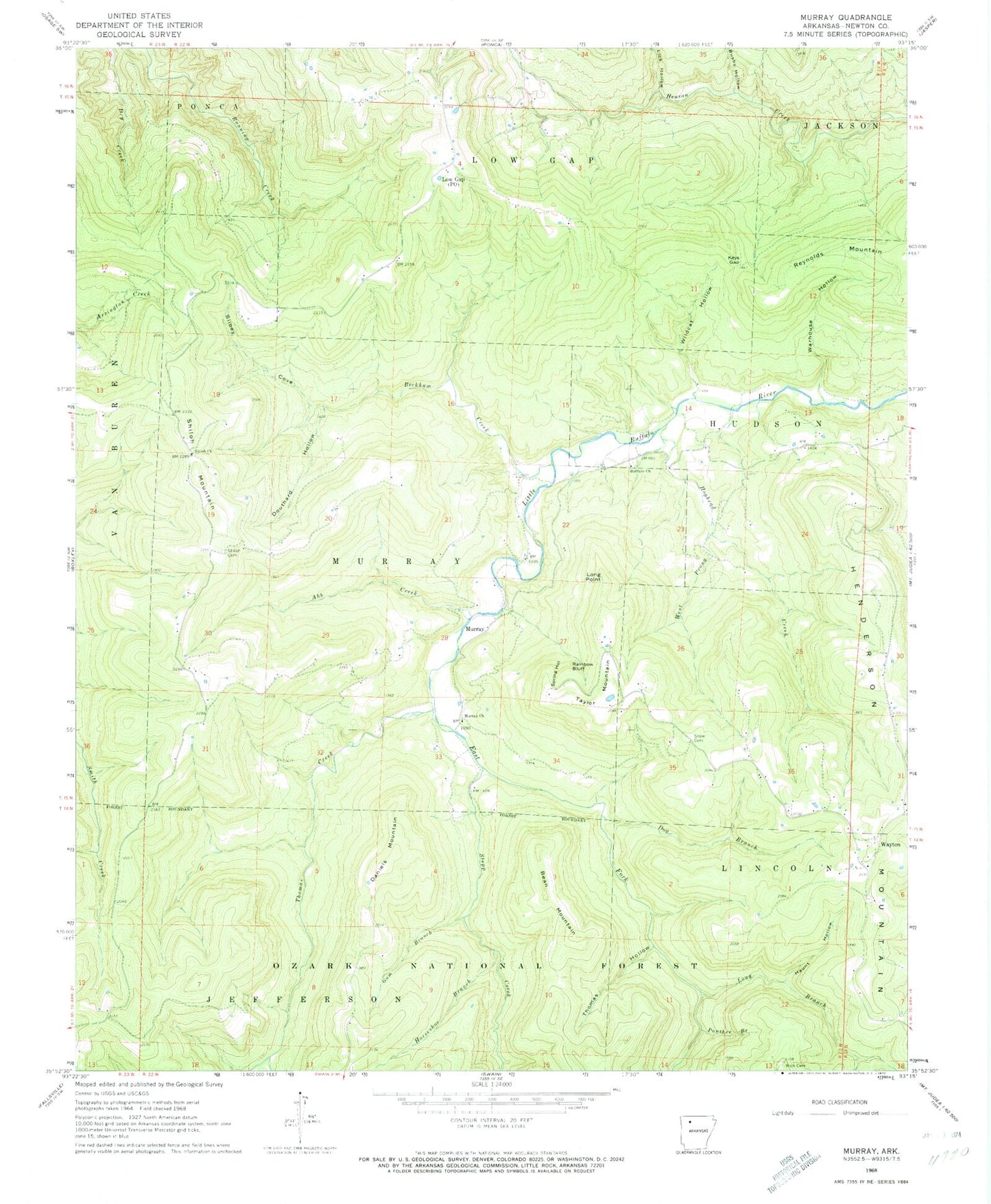 Classic USGS Murray Arkansas 7.5'x7.5' Topo Map Image