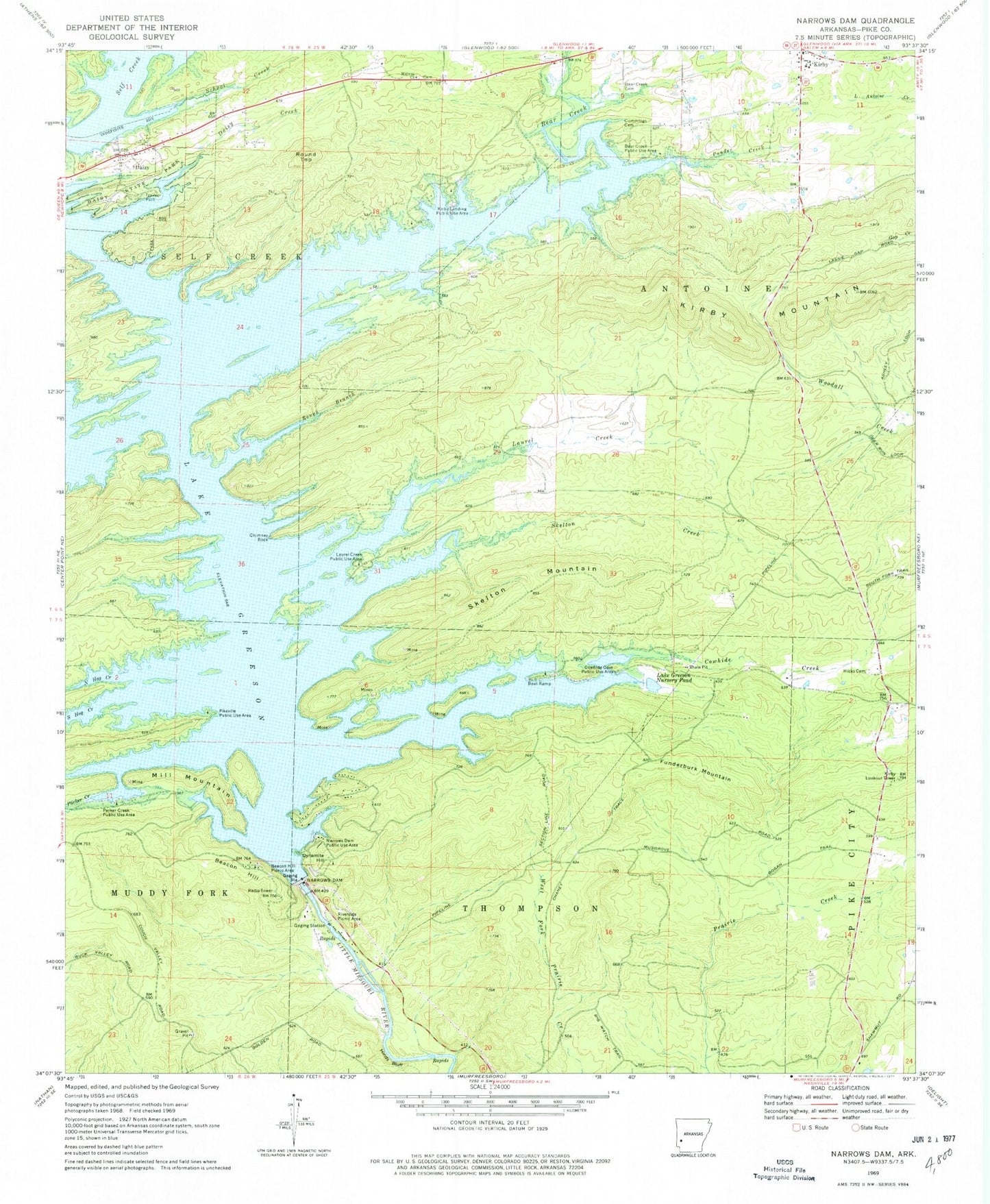 Classic USGS Narrows Dam Arkansas 7.5'x7.5' Topo Map Image