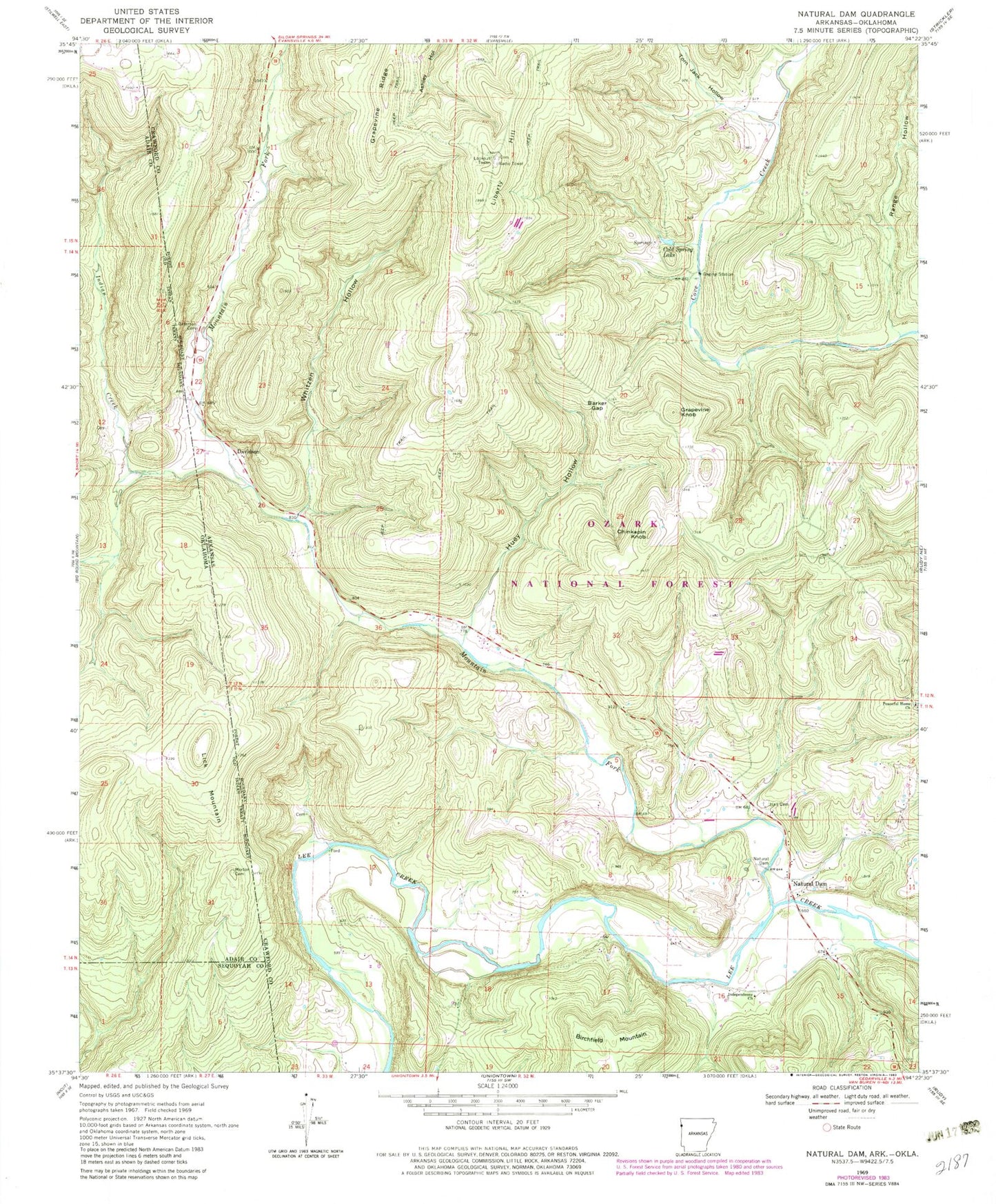 Classic USGS Natural Dam Arkansas 7.5'x7.5' Topo Map Image