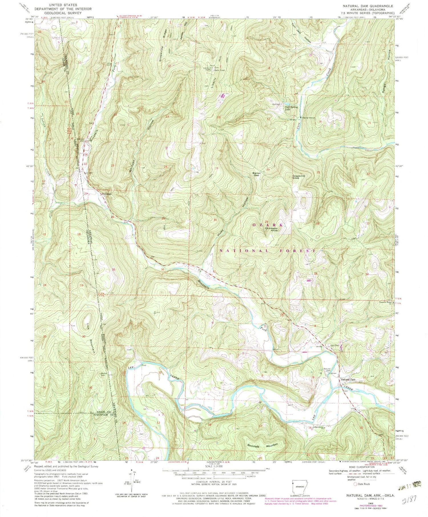 Classic USGS Natural Dam Arkansas 7.5'x7.5' Topo Map Image
