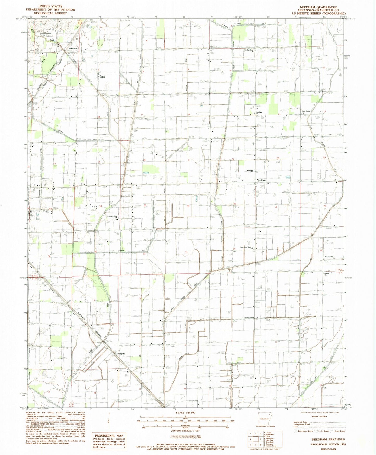 Classic USGS Needham Arkansas 7.5'x7.5' Topo Map Image