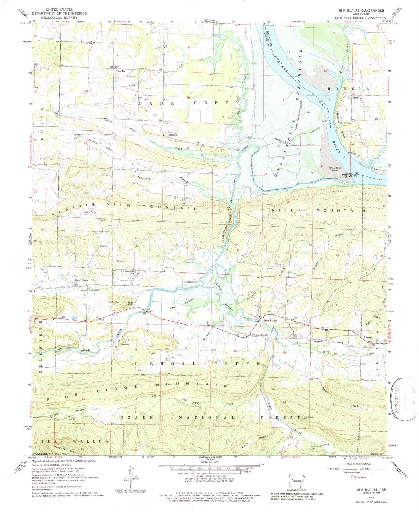 Classic USGS New Blaine Arkansas 7.5'x7.5' Topo Map Image