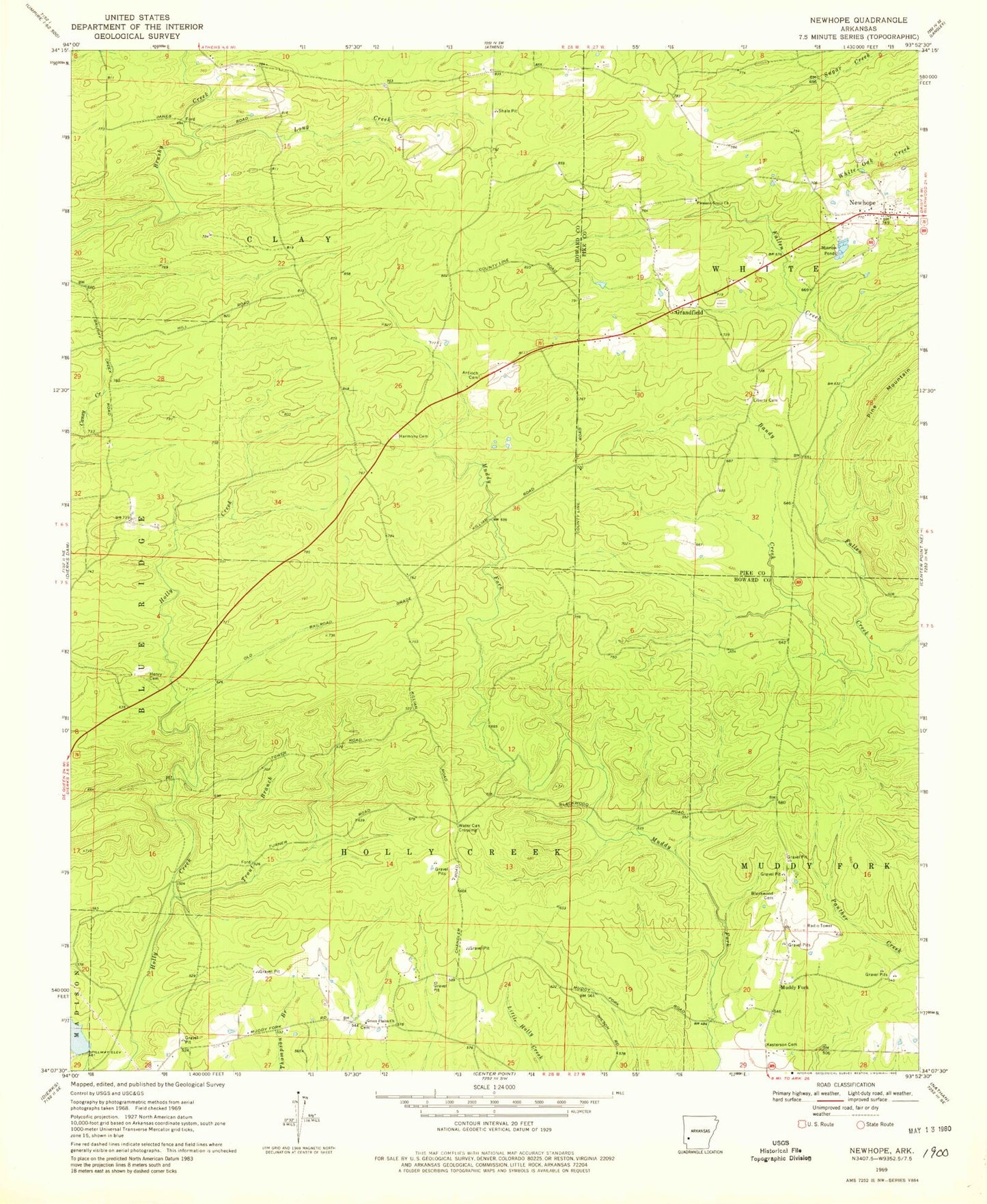 Classic USGS Newhope Arkansas 7.5'x7.5' Topo Map Image
