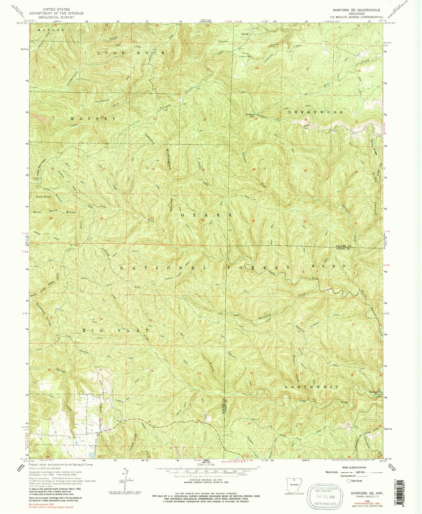 Classic USGS Norfork SE Arkansas 7.5'x7.5' Topo Map Image