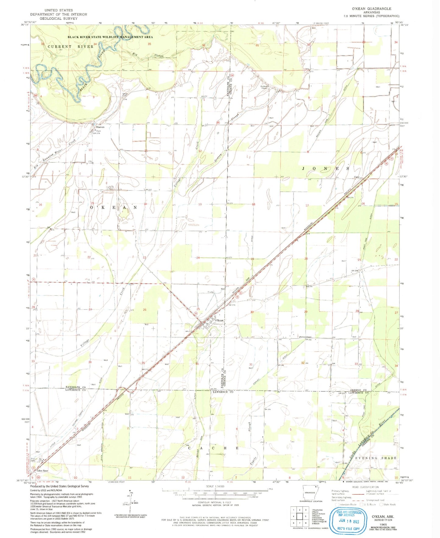 Classic USGS O'Kean Arkansas 7.5'x7.5' Topo Map Image