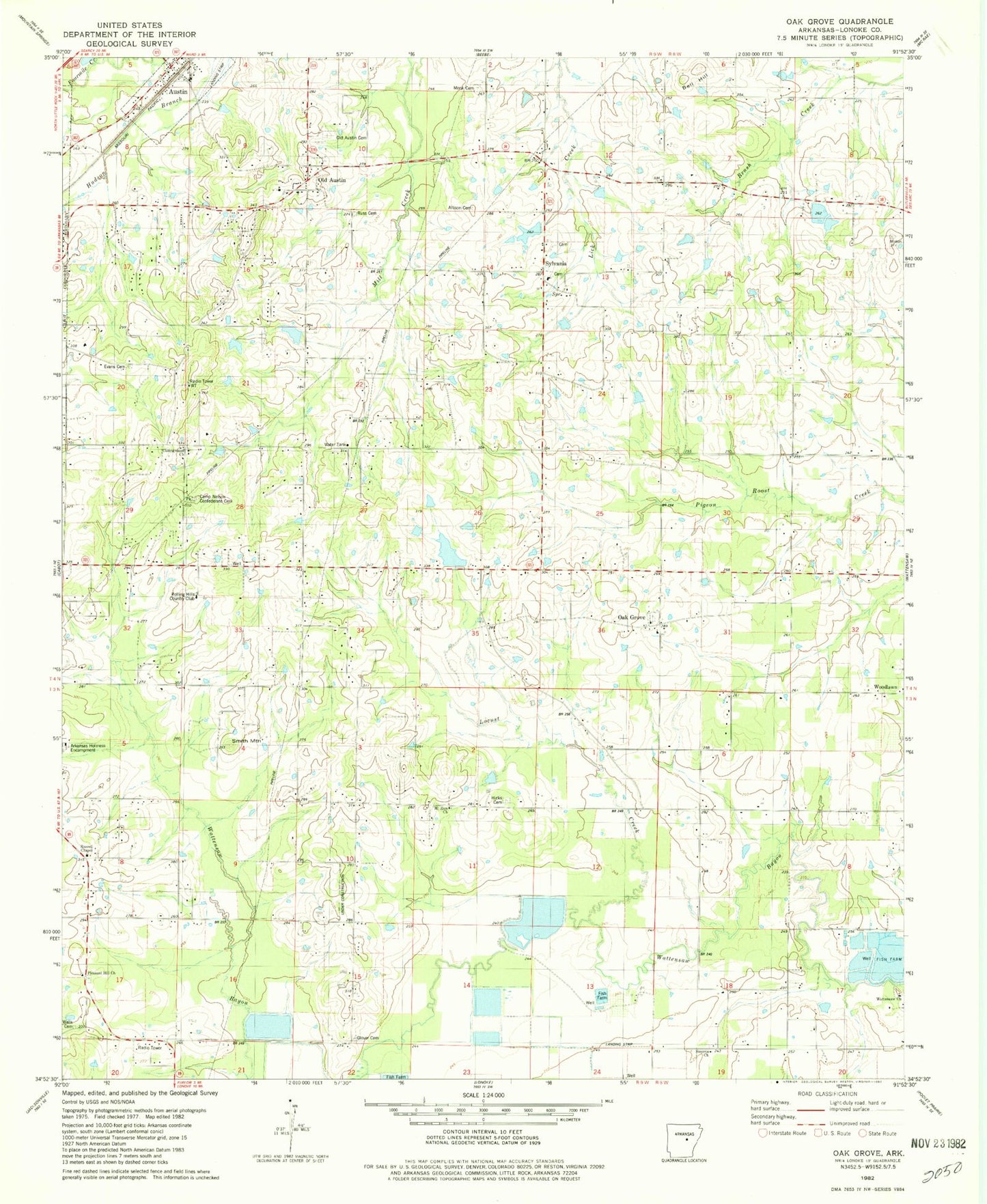 Classic USGS Oak Grove Arkansas 7.5'x7.5' Topo Map Image