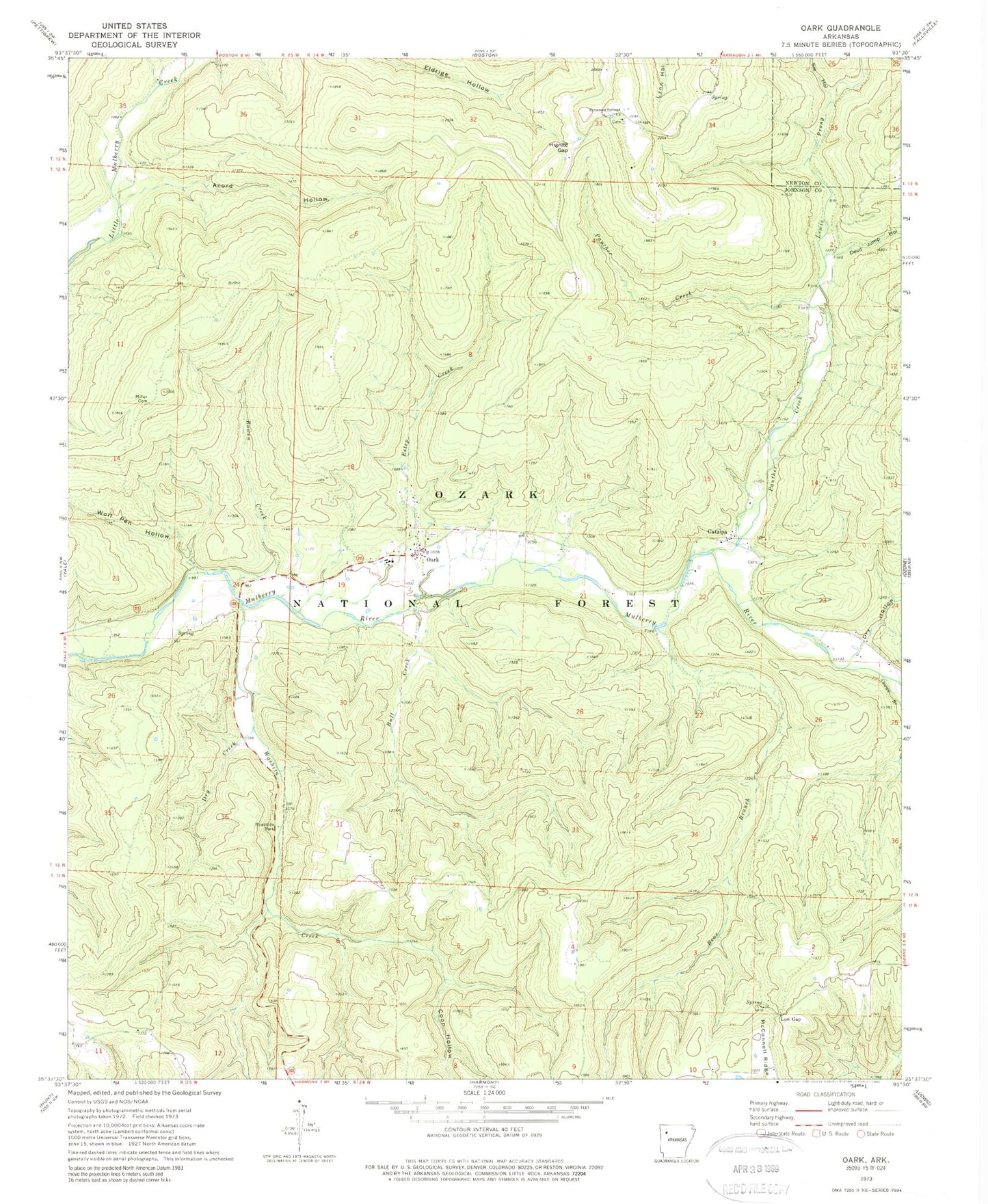 Classic USGS Oark Arkansas 7.5'x7.5' Topo Map Image