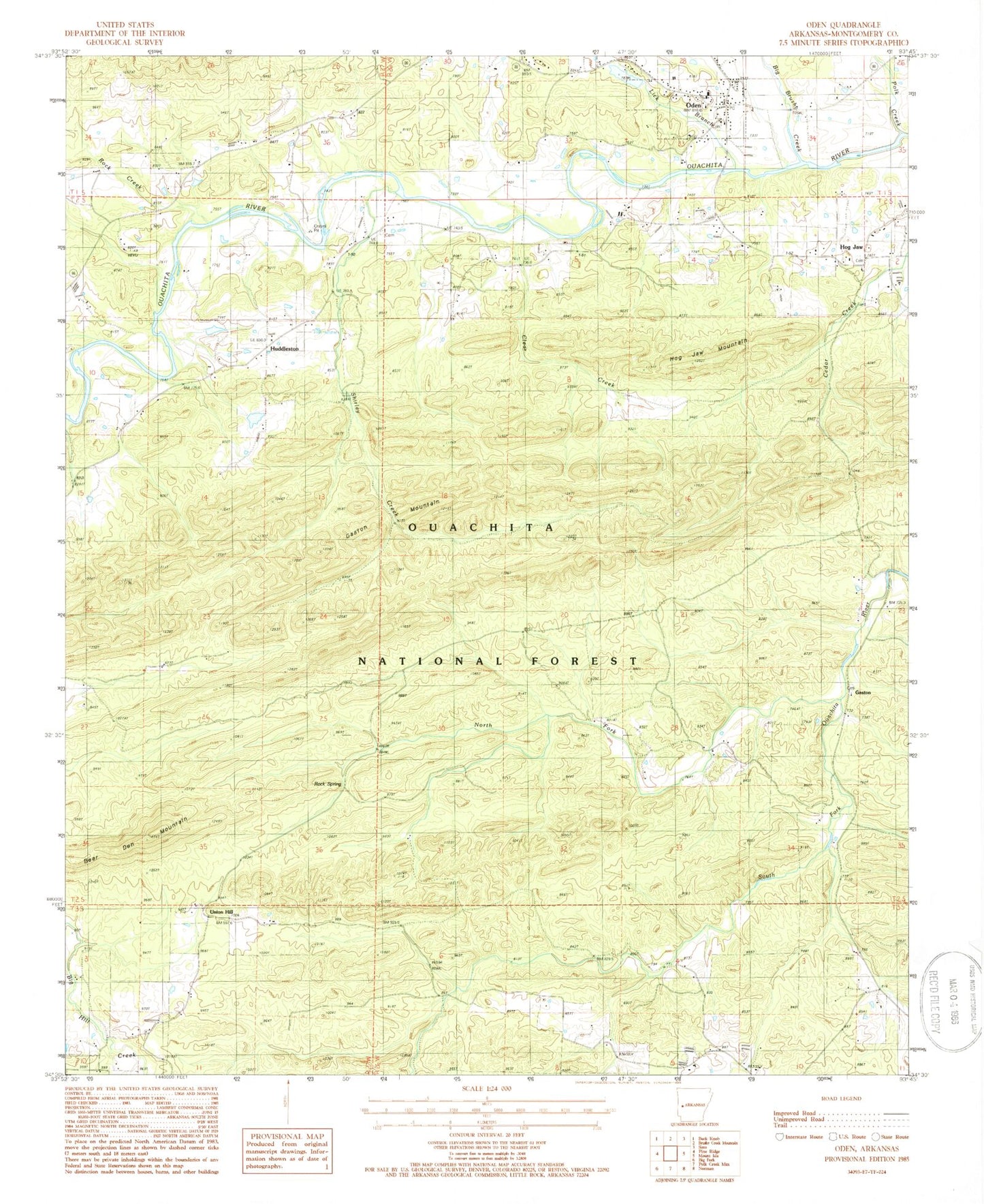 Classic USGS Oden Arkansas 7.5'x7.5' Topo Map Image