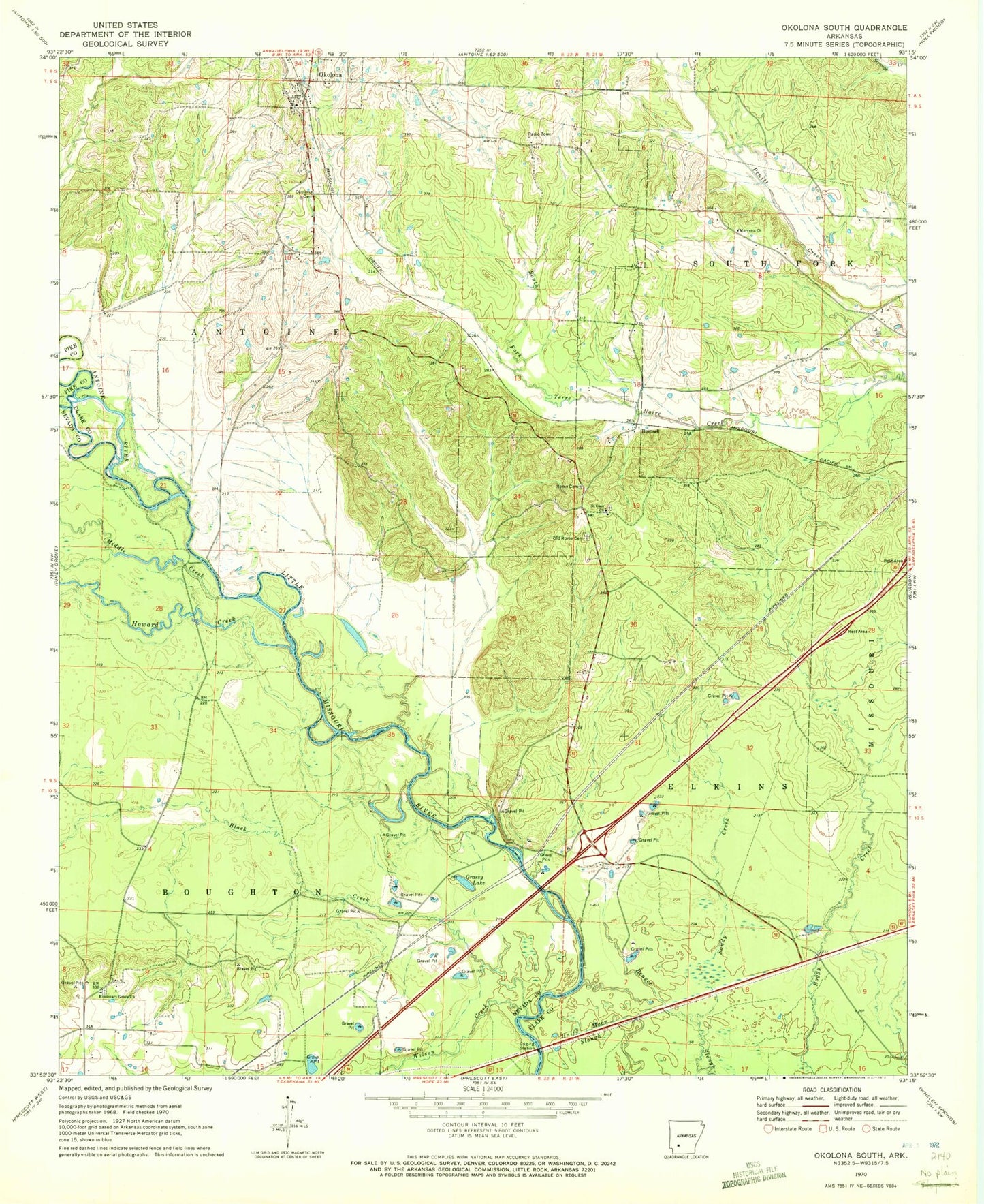 Classic USGS Okolona South Arkansas 7.5'x7.5' Topo Map Image