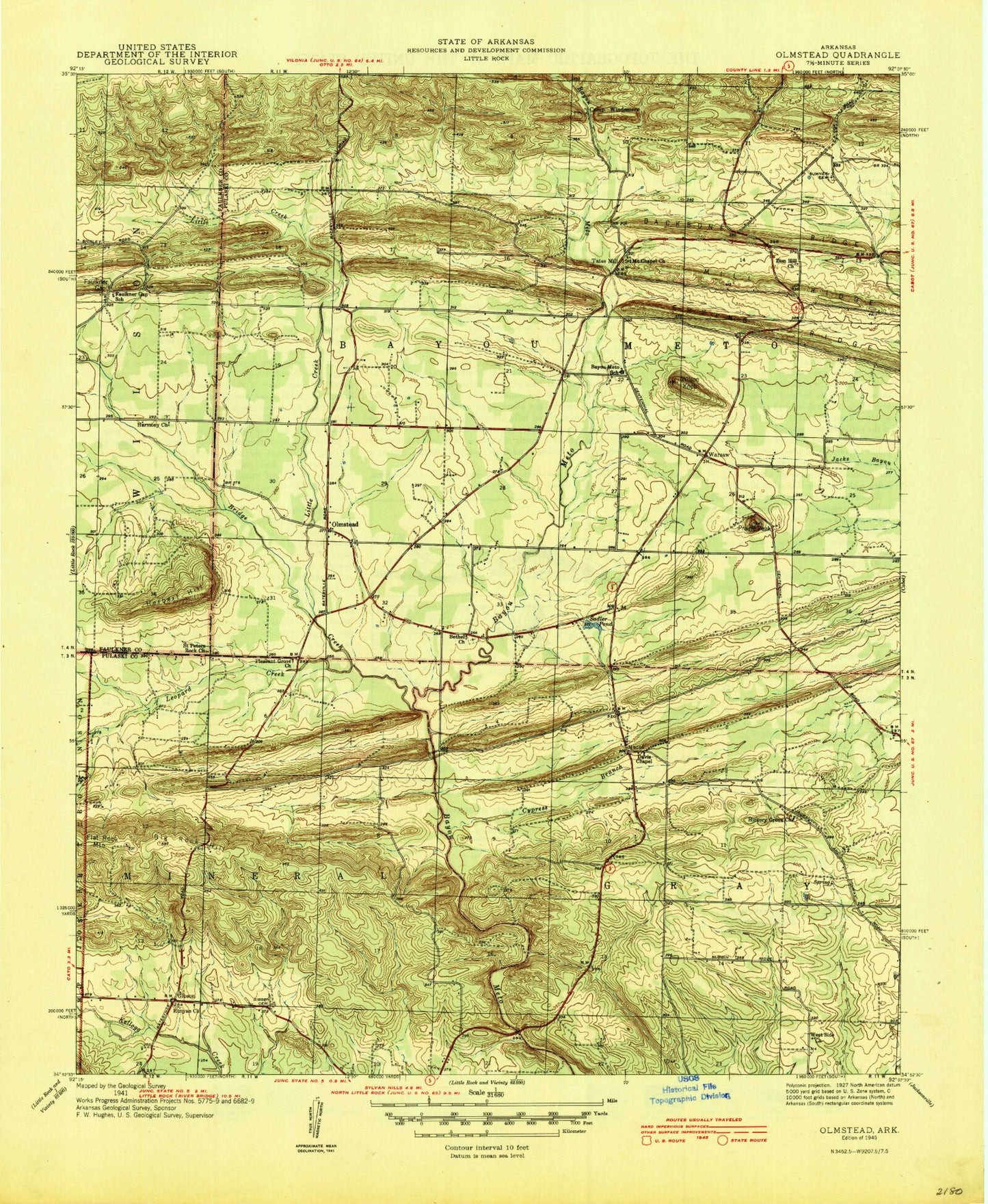 Classic USGS Olmstead Arkansas 7.5'x7.5' Topo Map Image