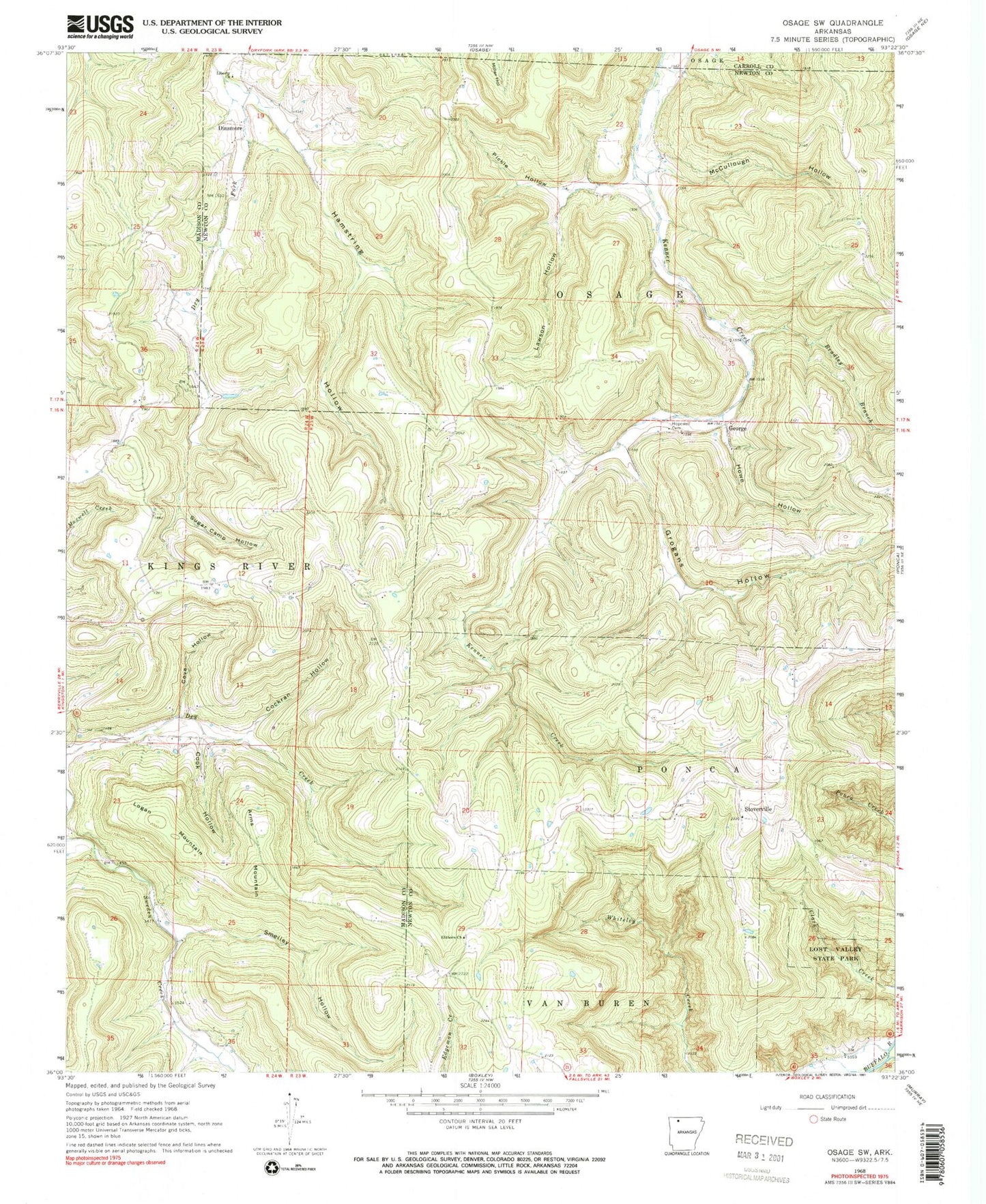Classic USGS Osage SW Arkansas 7.5'x7.5' Topo Map Image