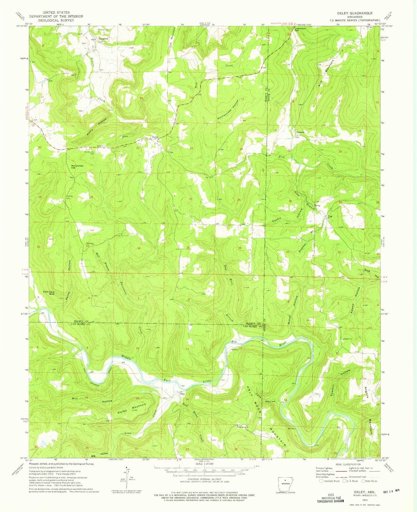 Classic USGS Oxley Arkansas 7.5'x7.5' Topo Map Image