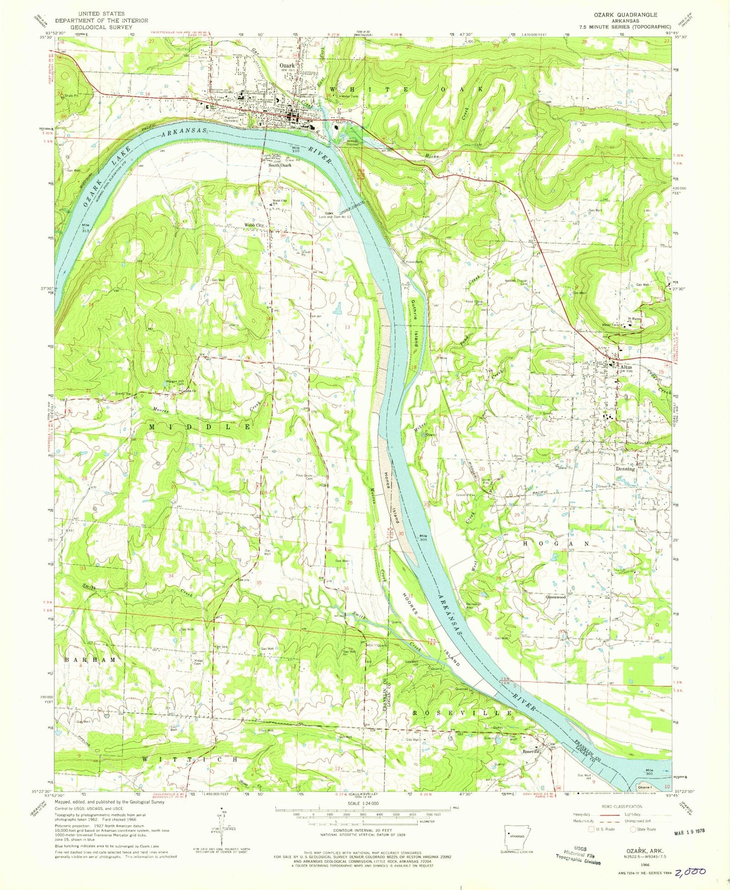 Classic USGS Ozark Arkansas 7.5'x7.5' Topo Map Image