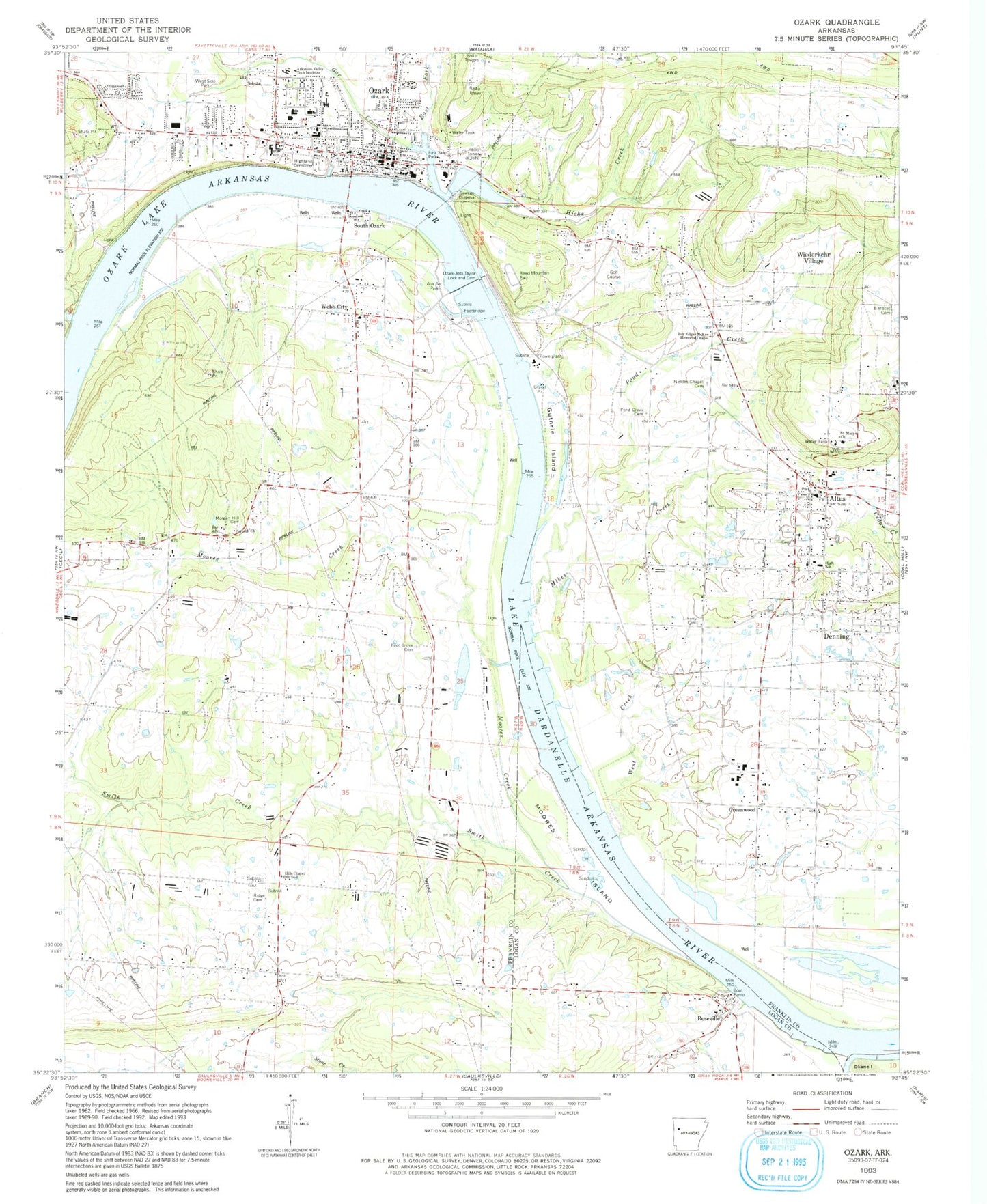 Classic USGS Ozark Arkansas 7.5'x7.5' Topo Map Image