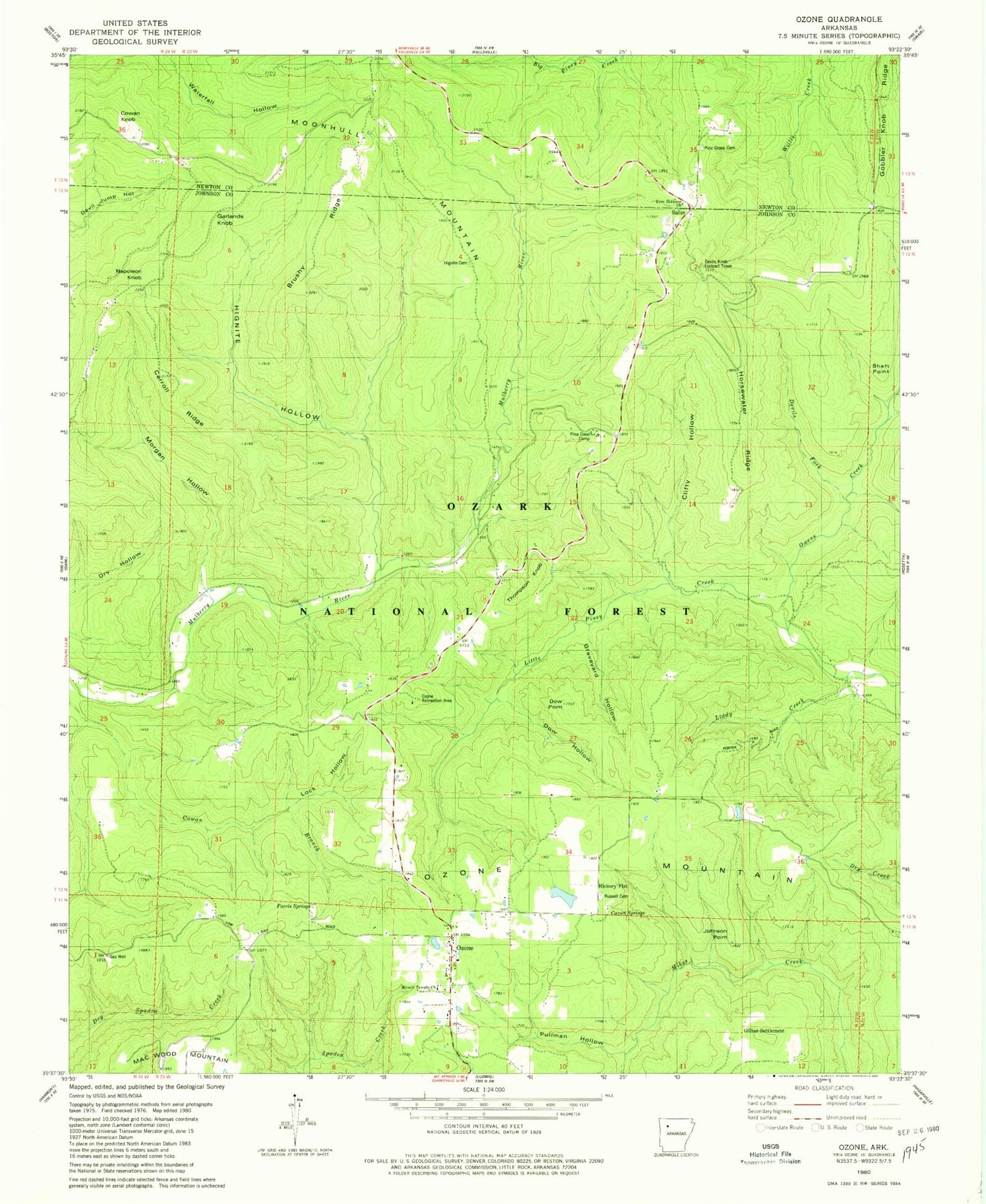Classic USGS Ozone Arkansas 7.5'x7.5' Topo Map Image