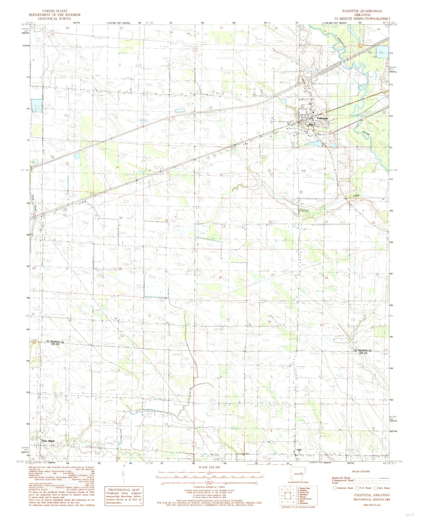 Classic USGS Palestine Arkansas 7.5'x7.5' Topo Map Image