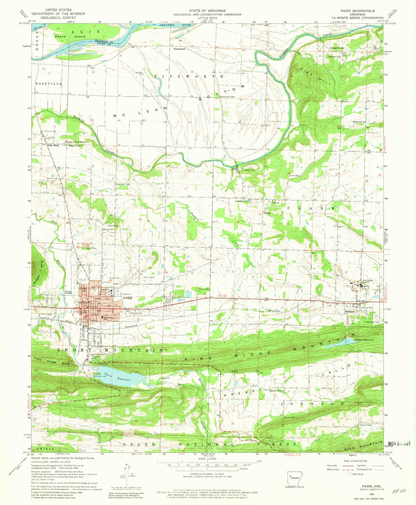 Classic USGS Paris Arkansas 7.5'x7.5' Topo Map Image