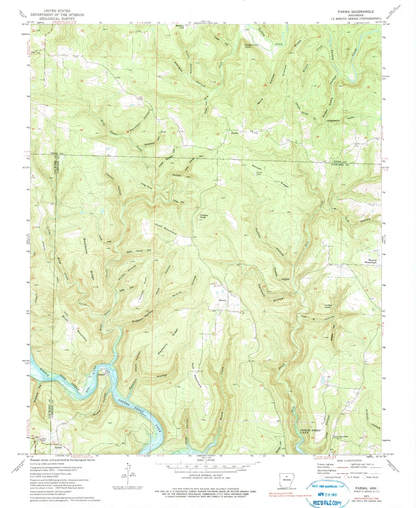 Classic USGS Parma Arkansas 7.5'x7.5' Topo Map Image