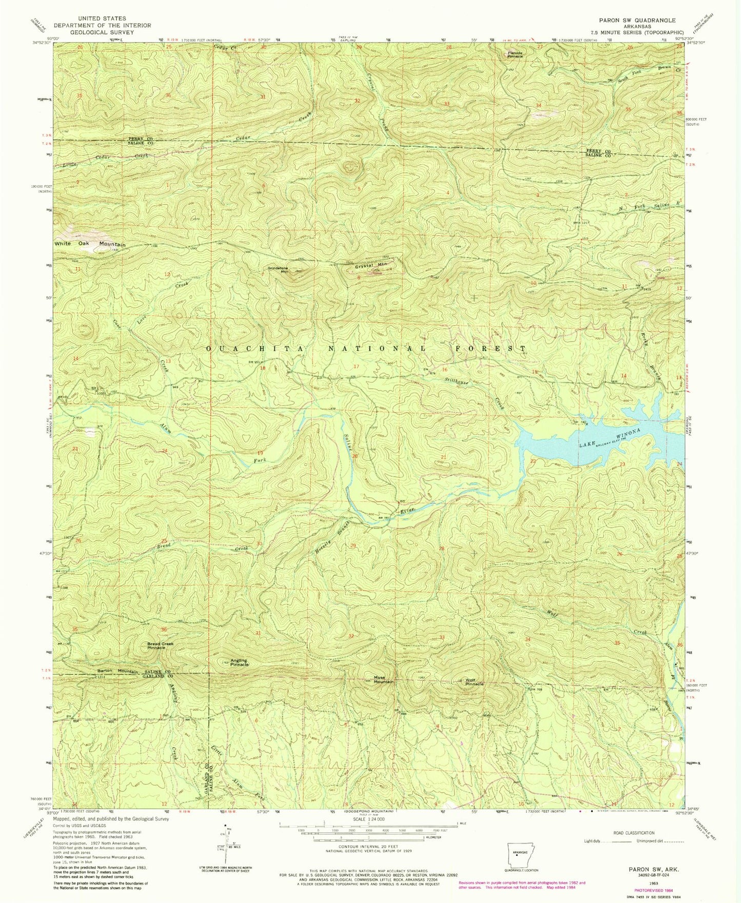 Classic USGS Paron SW Arkansas 7.5'x7.5' Topo Map Image