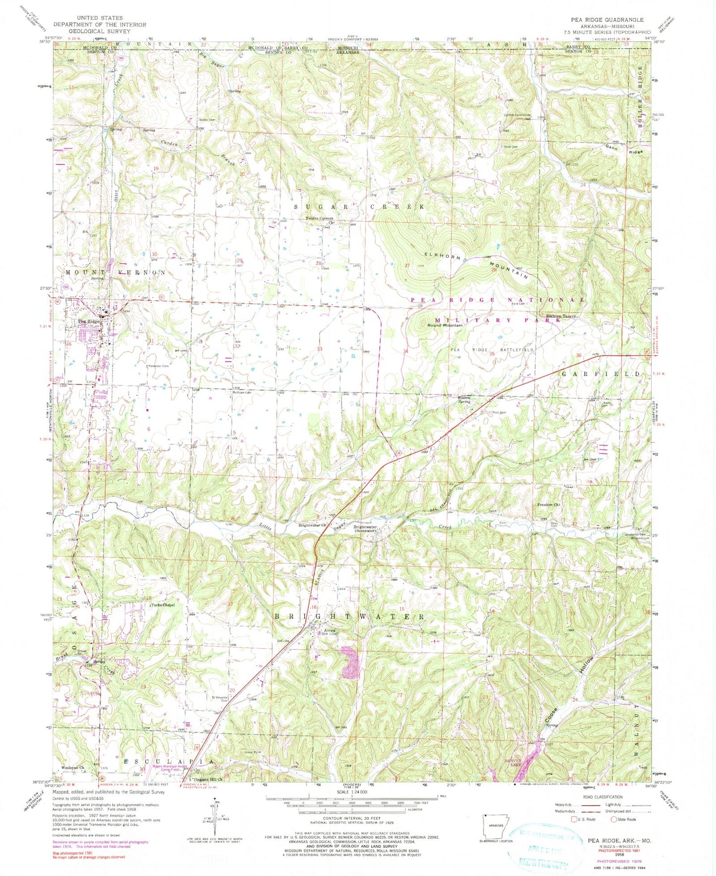 Classic USGS Pea Ridge Arkansas 7.5'x7.5' Topo Map Image