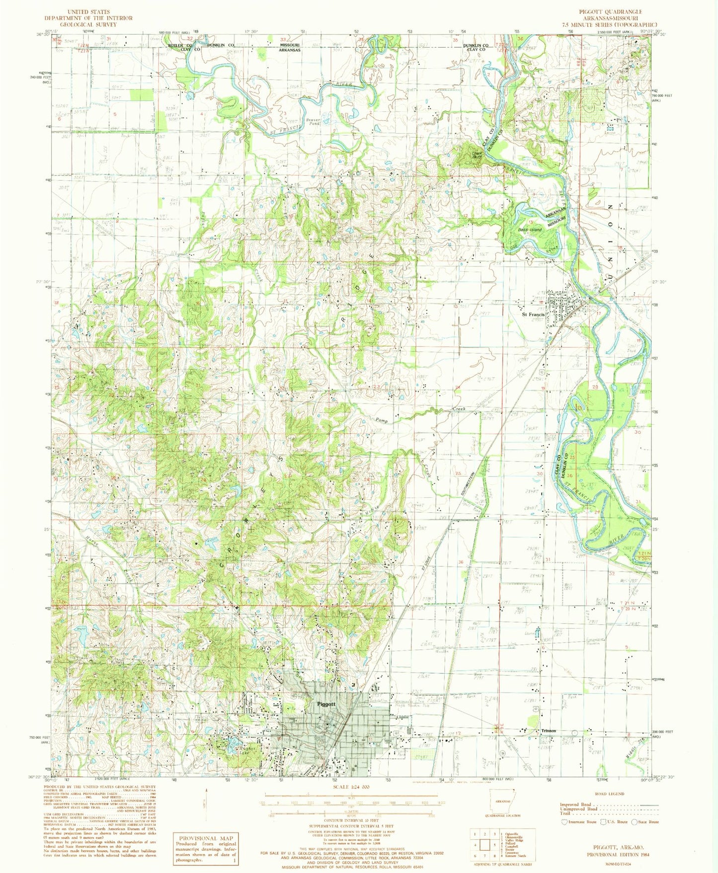 Classic USGS Piggott Arkansas 7.5'x7.5' Topo Map Image