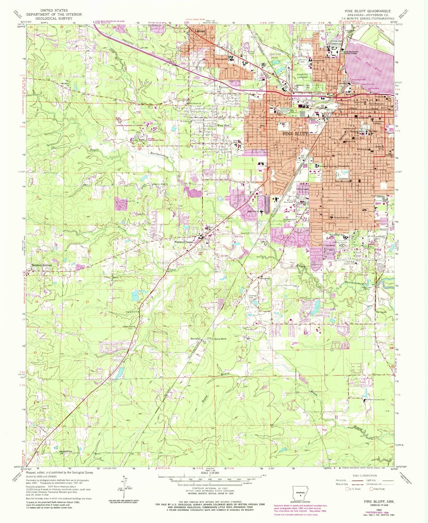 Classic USGS Pine Bluff Arkansas 7.5'x7.5' Topo Map Image