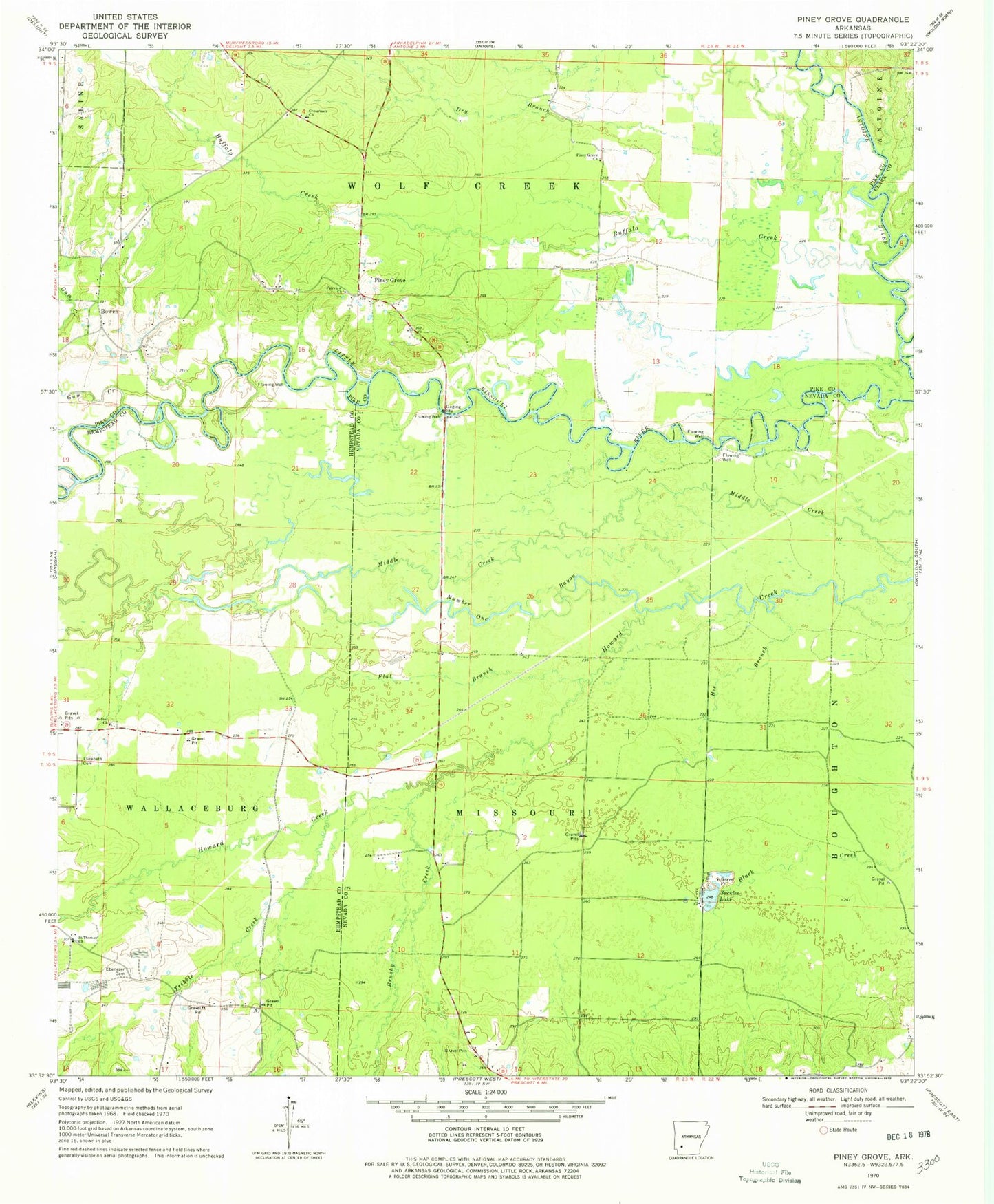 Classic USGS Piney Grove Arkansas 7.5'x7.5' Topo Map Image