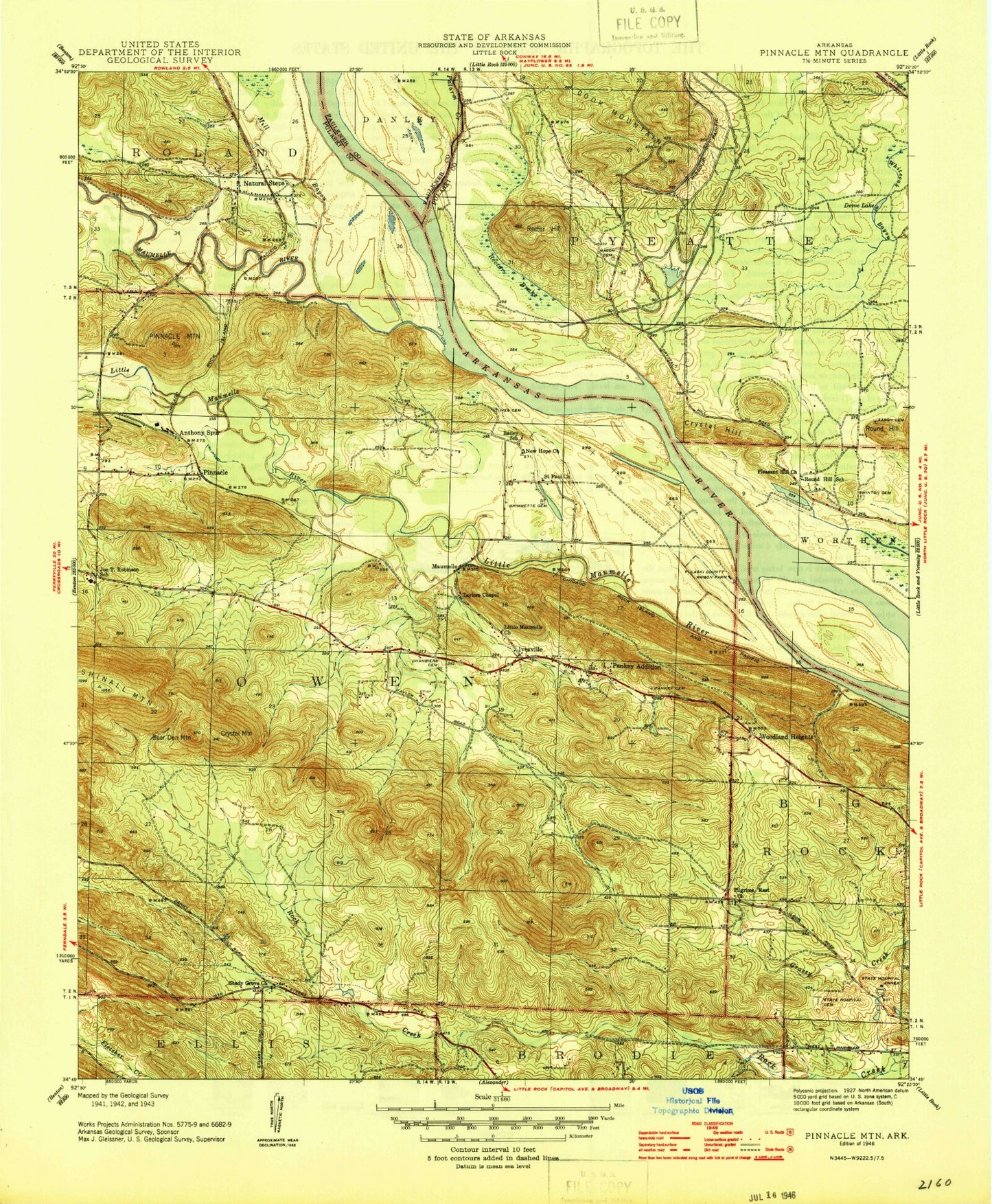 Classic USGS Pinnacle Mountain Arkansas 7.5'x7.5' Topo Map Image