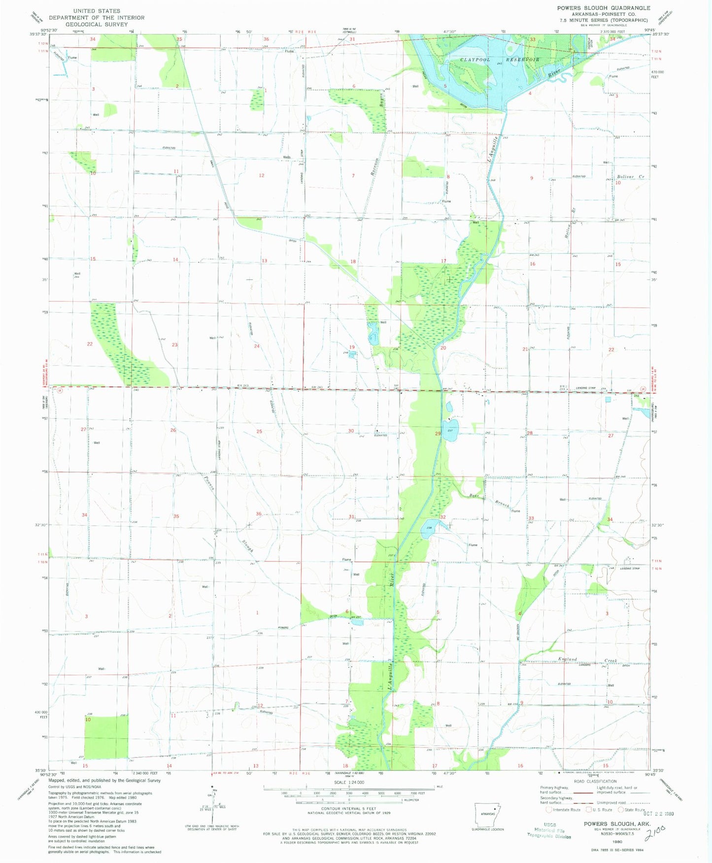 Classic USGS Powers Slough Arkansas 7.5'x7.5' Topo Map Image