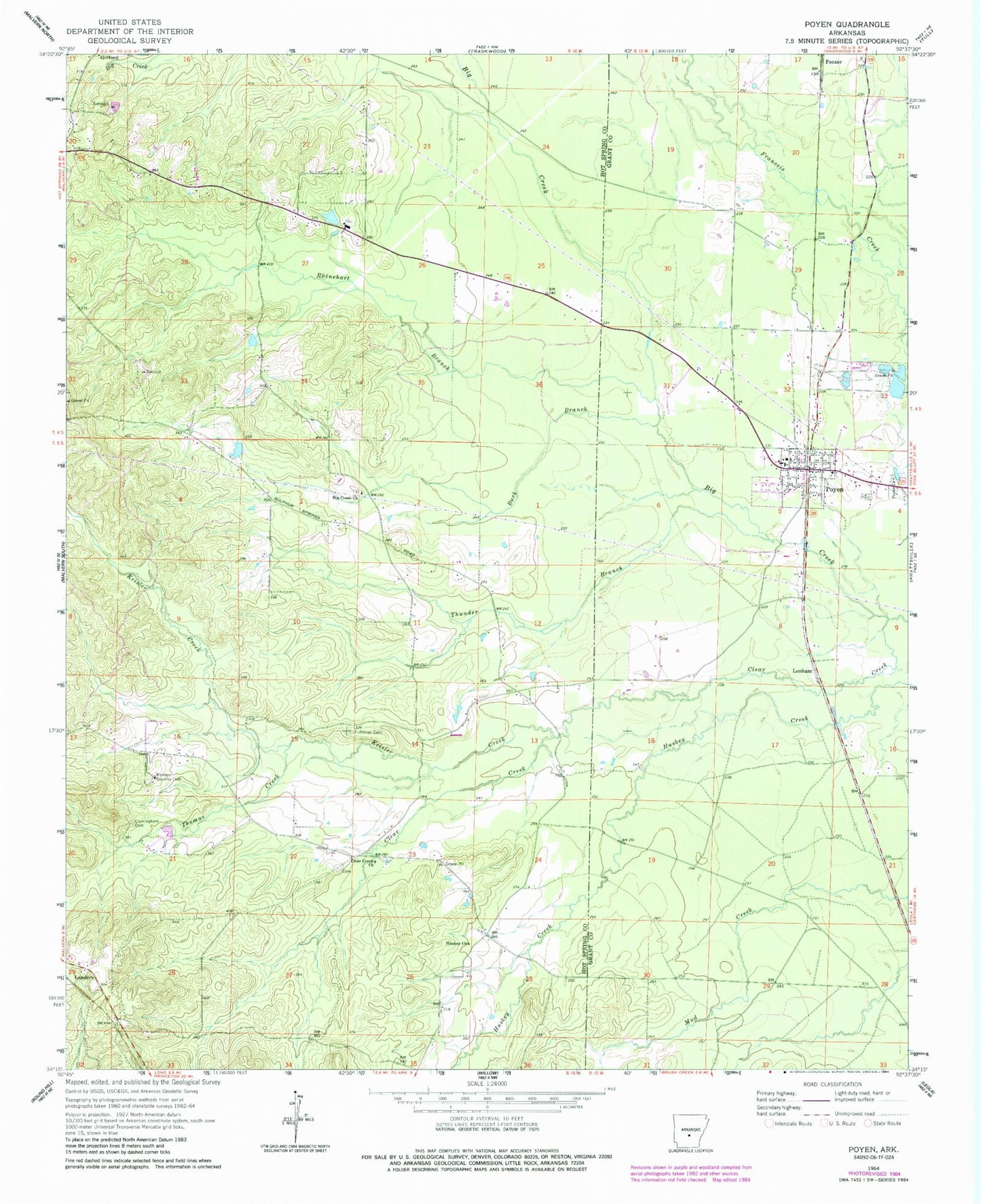 Classic USGS Poyen Arkansas 7.5'x7.5' Topo Map Image