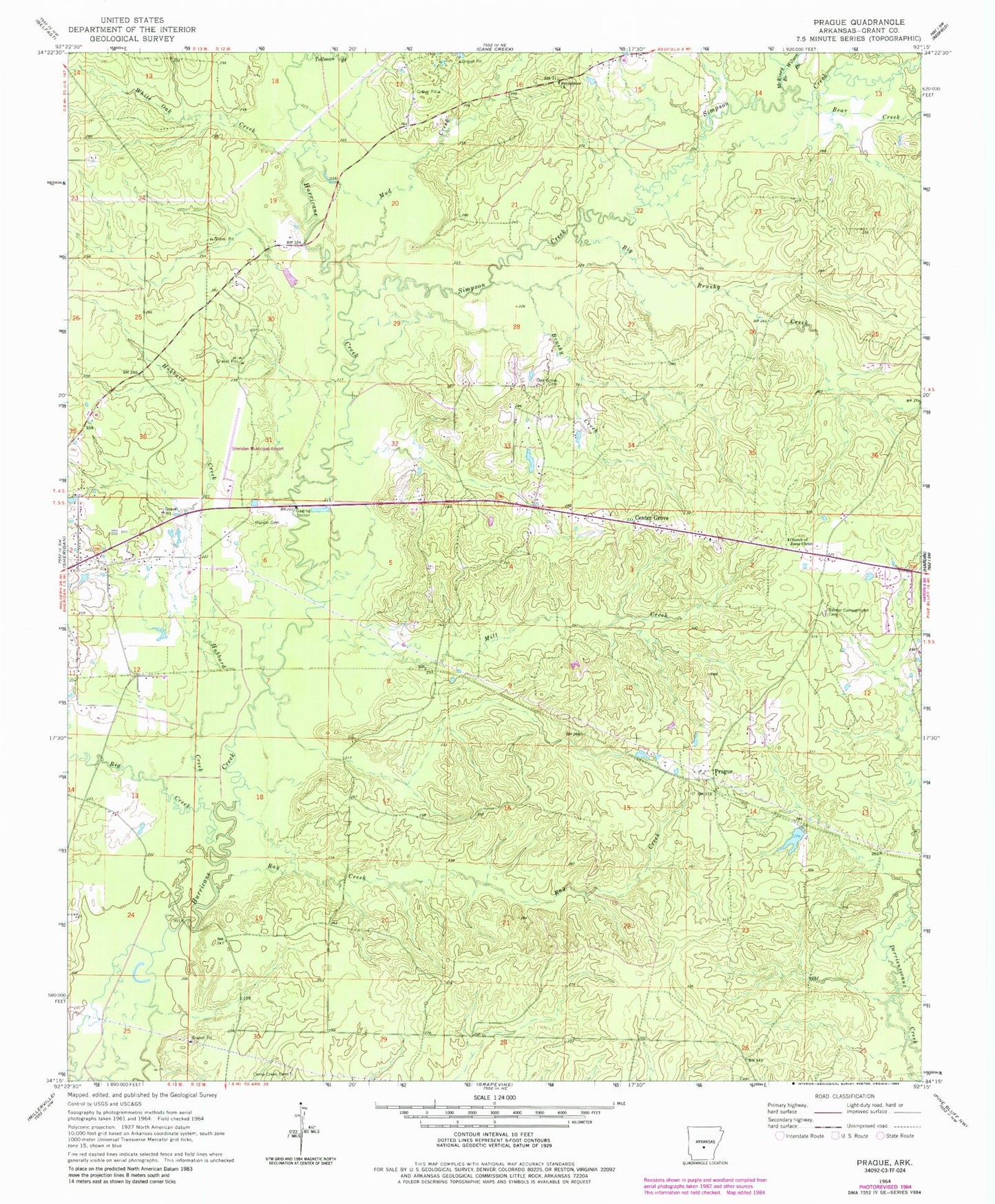 Classic USGS Prague Arkansas 7.5'x7.5' Topo Map Image