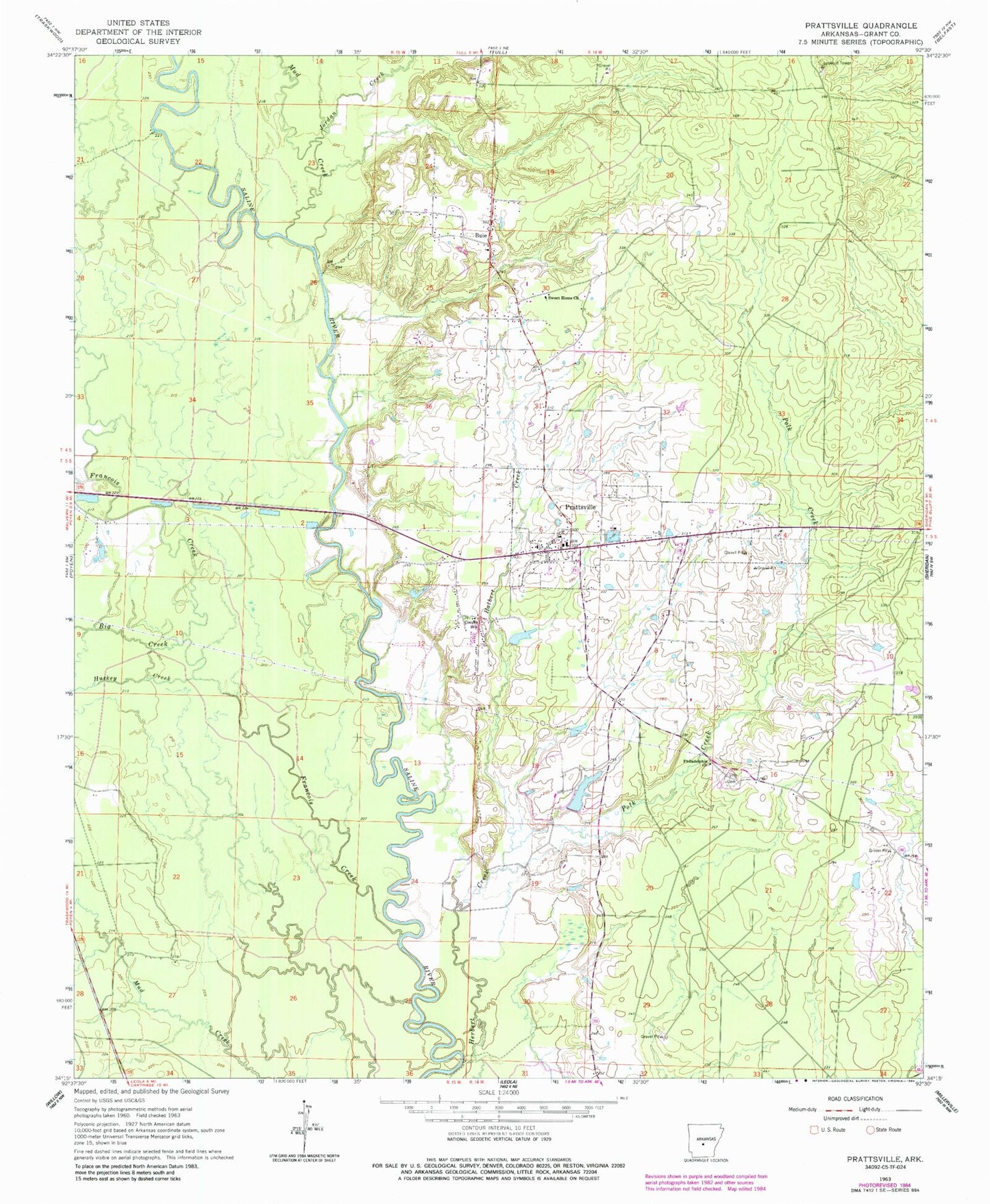 Classic USGS Prattsville Arkansas 7.5'x7.5' Topo Map Image