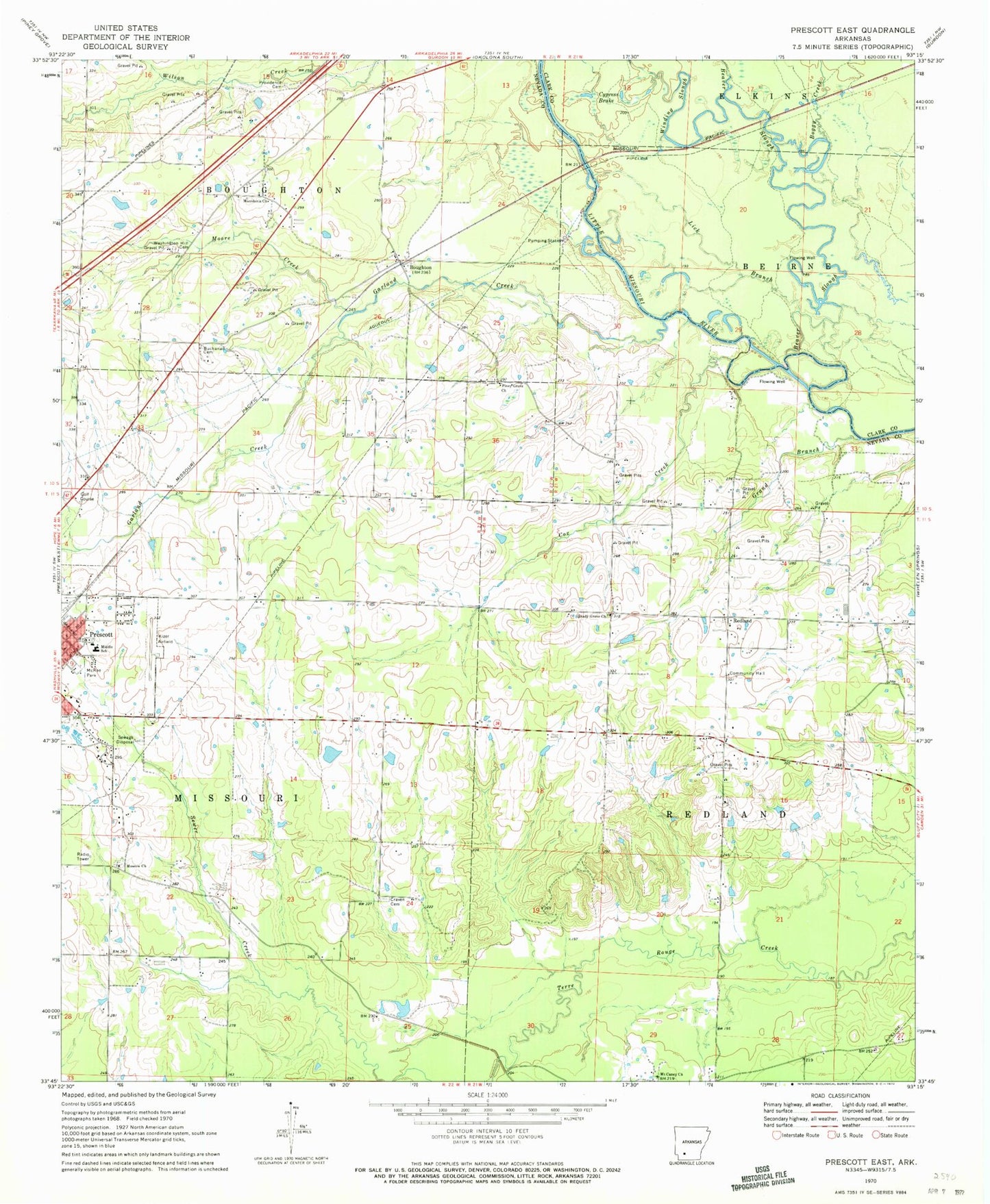 Classic USGS Prescott East Arkansas 7.5'x7.5' Topo Map Image