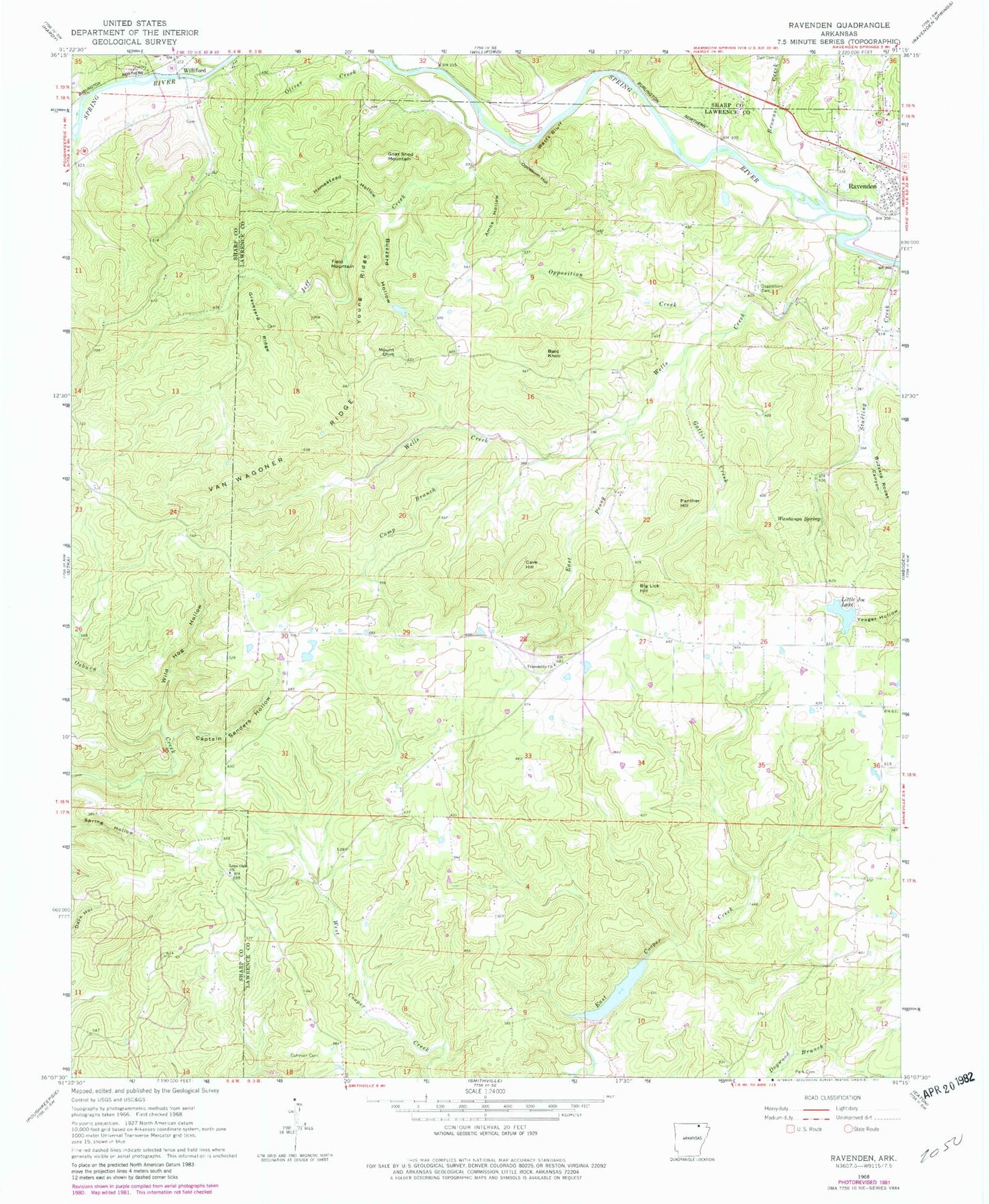 Classic USGS Ravenden Arkansas 7.5'x7.5' Topo Map Image