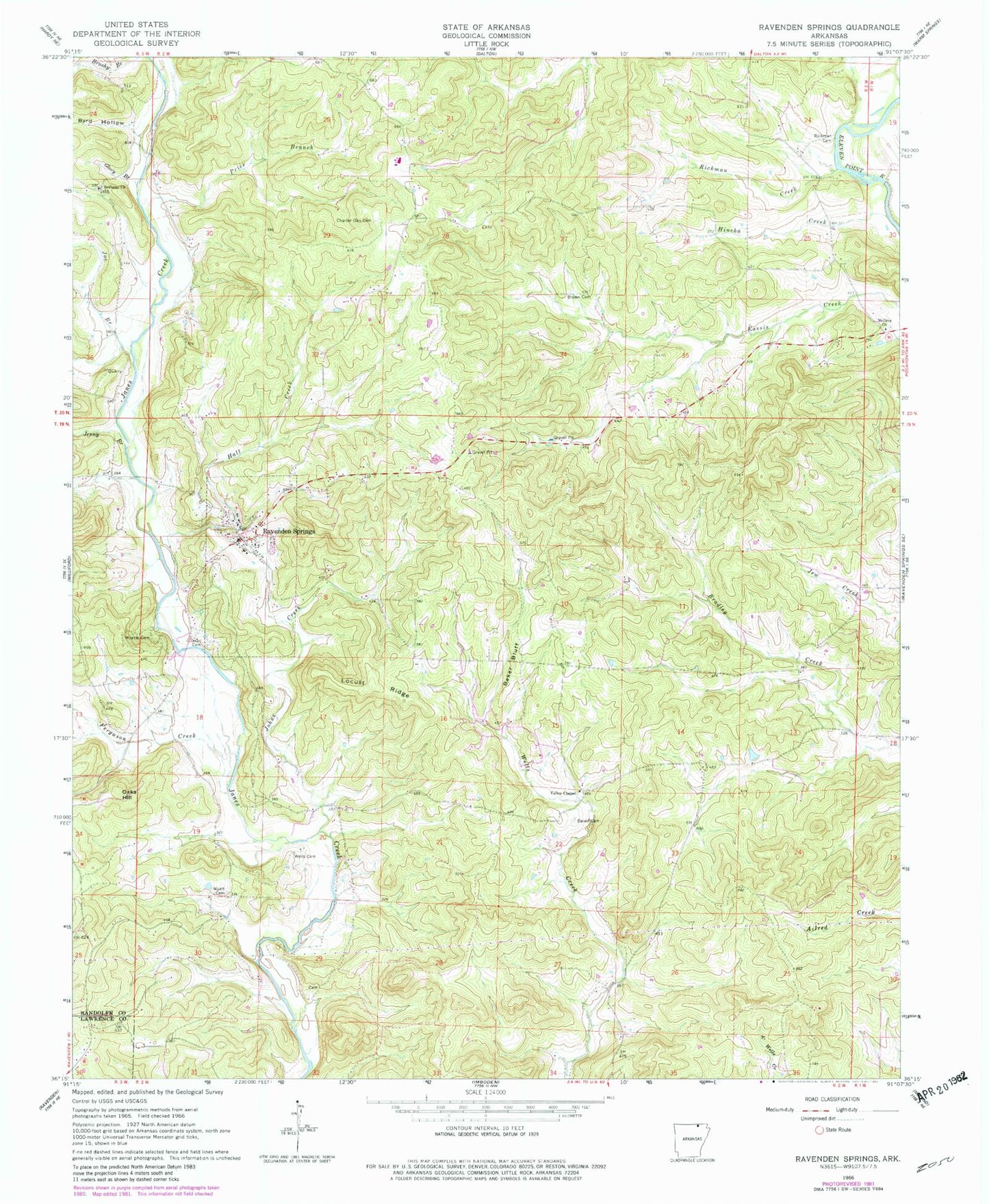 Classic USGS Ravenden Springs Arkansas 7.5'x7.5' Topo Map Image